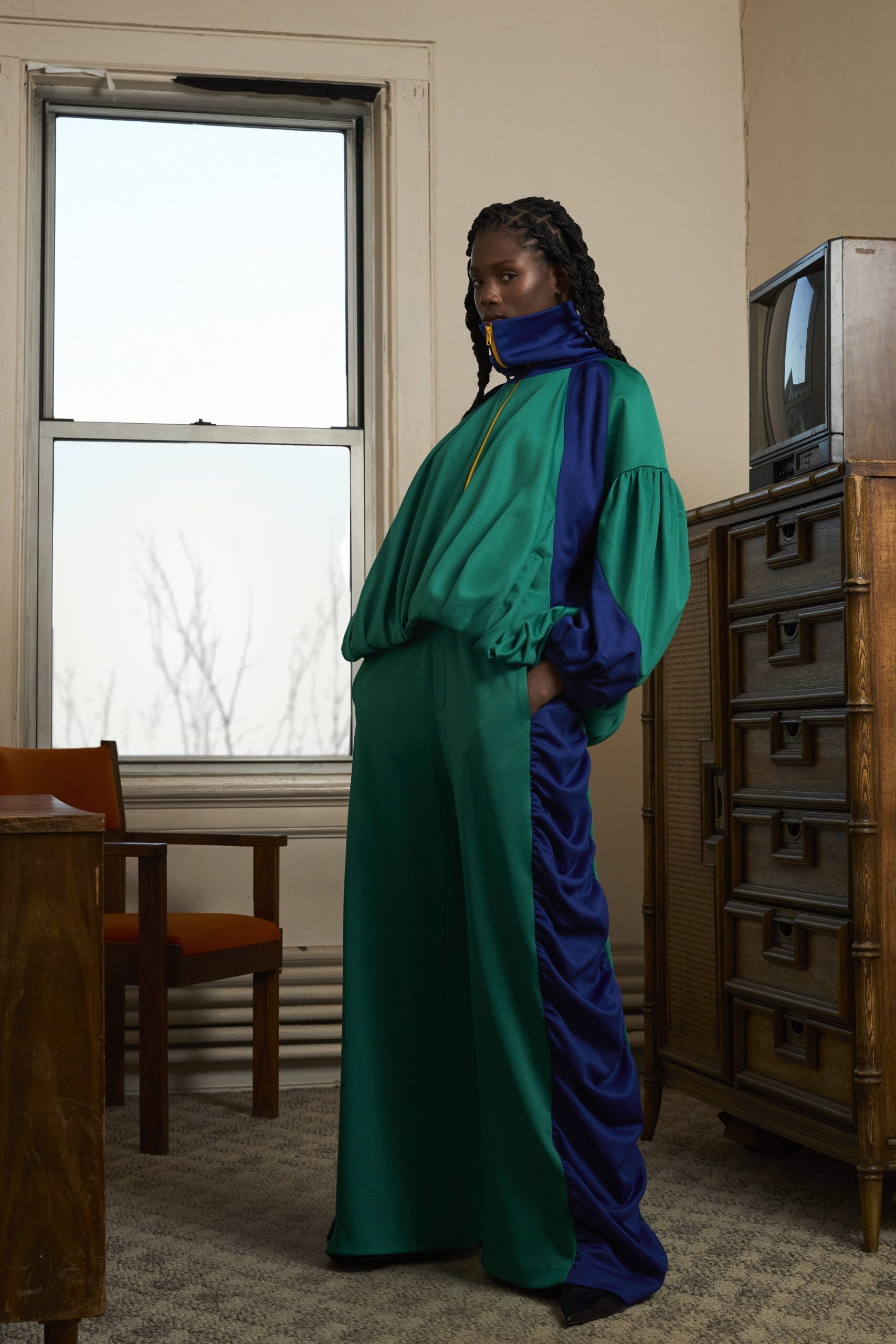 green and blue relaxed top and pants