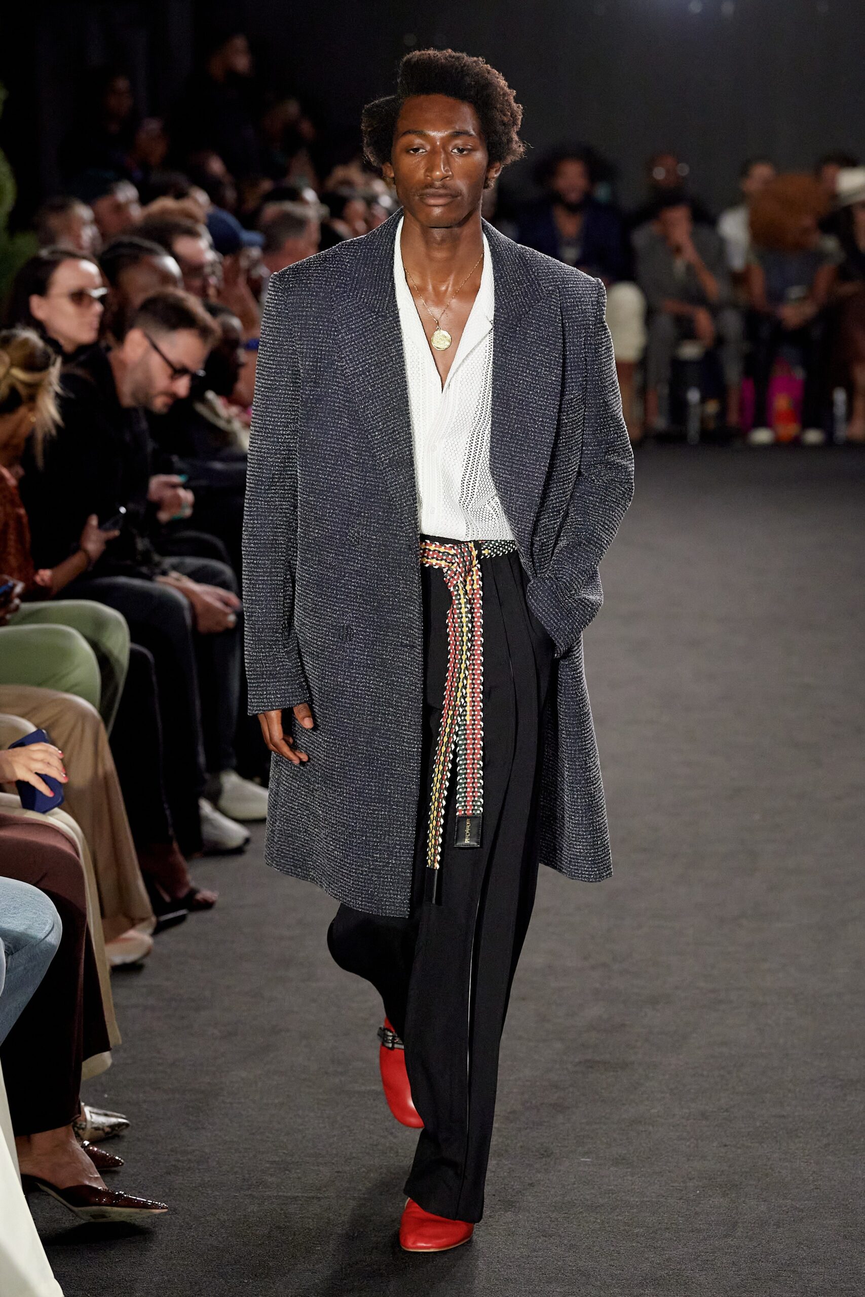 gray wool coat with white shirt