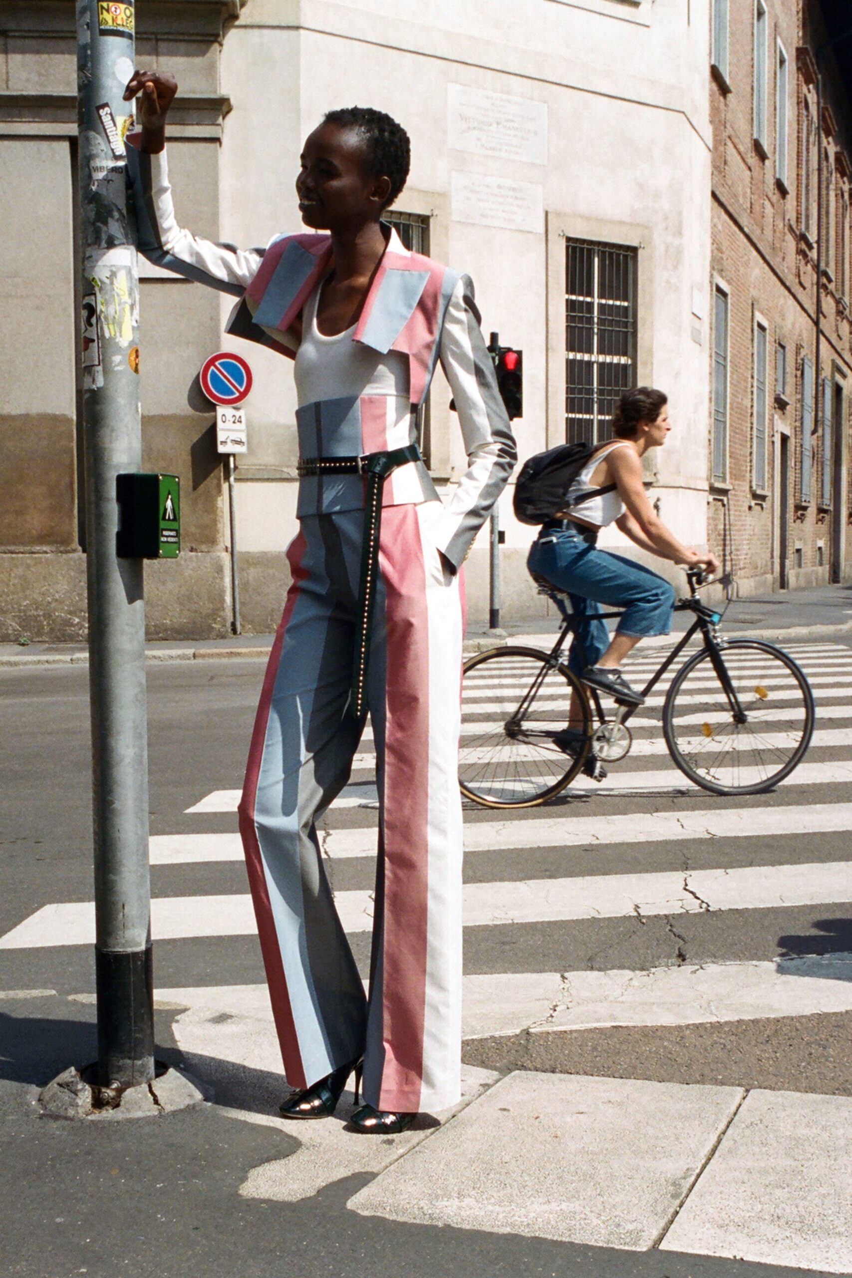 gray and pink color-blocked jumpsuit