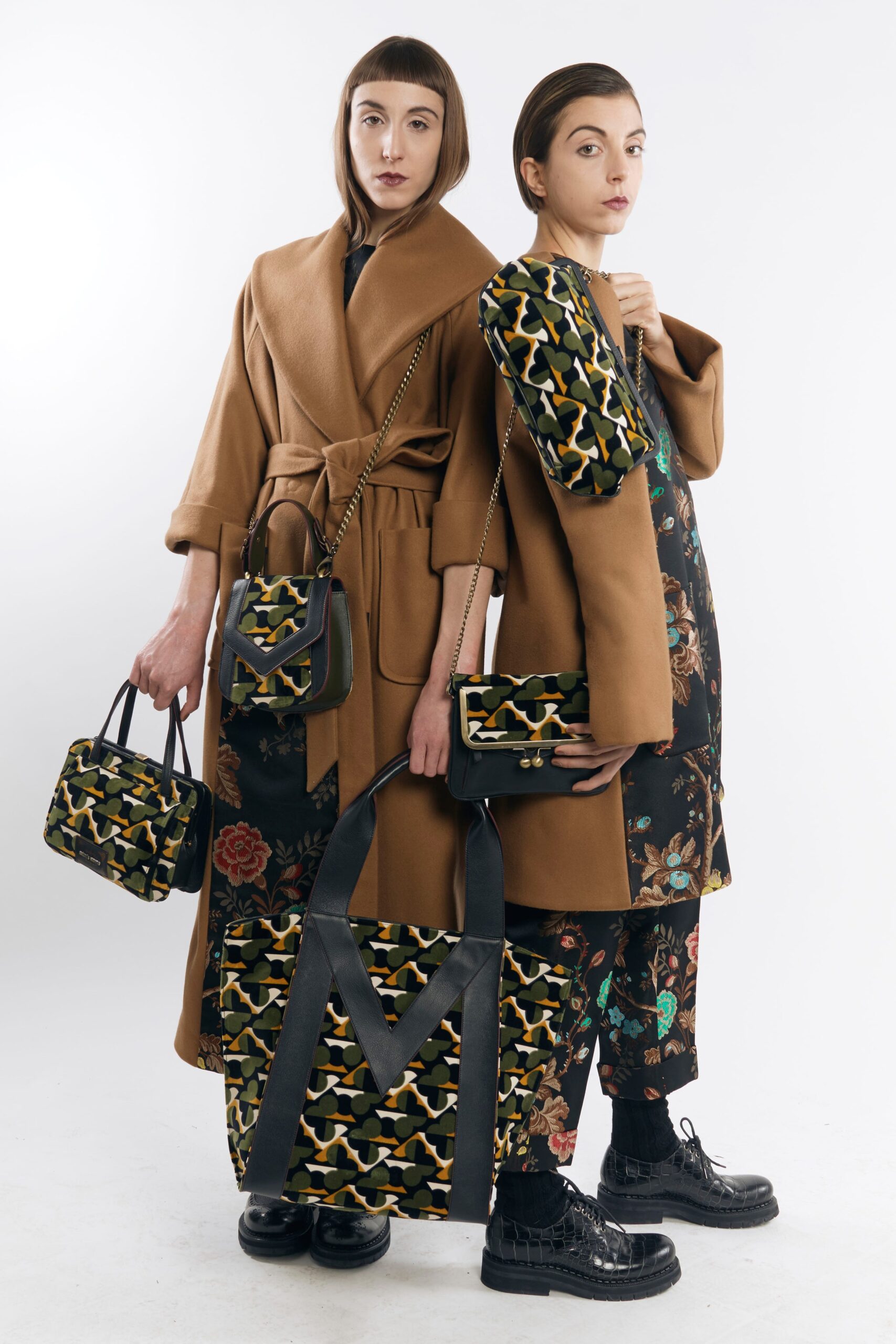 brown wool coat and black dress