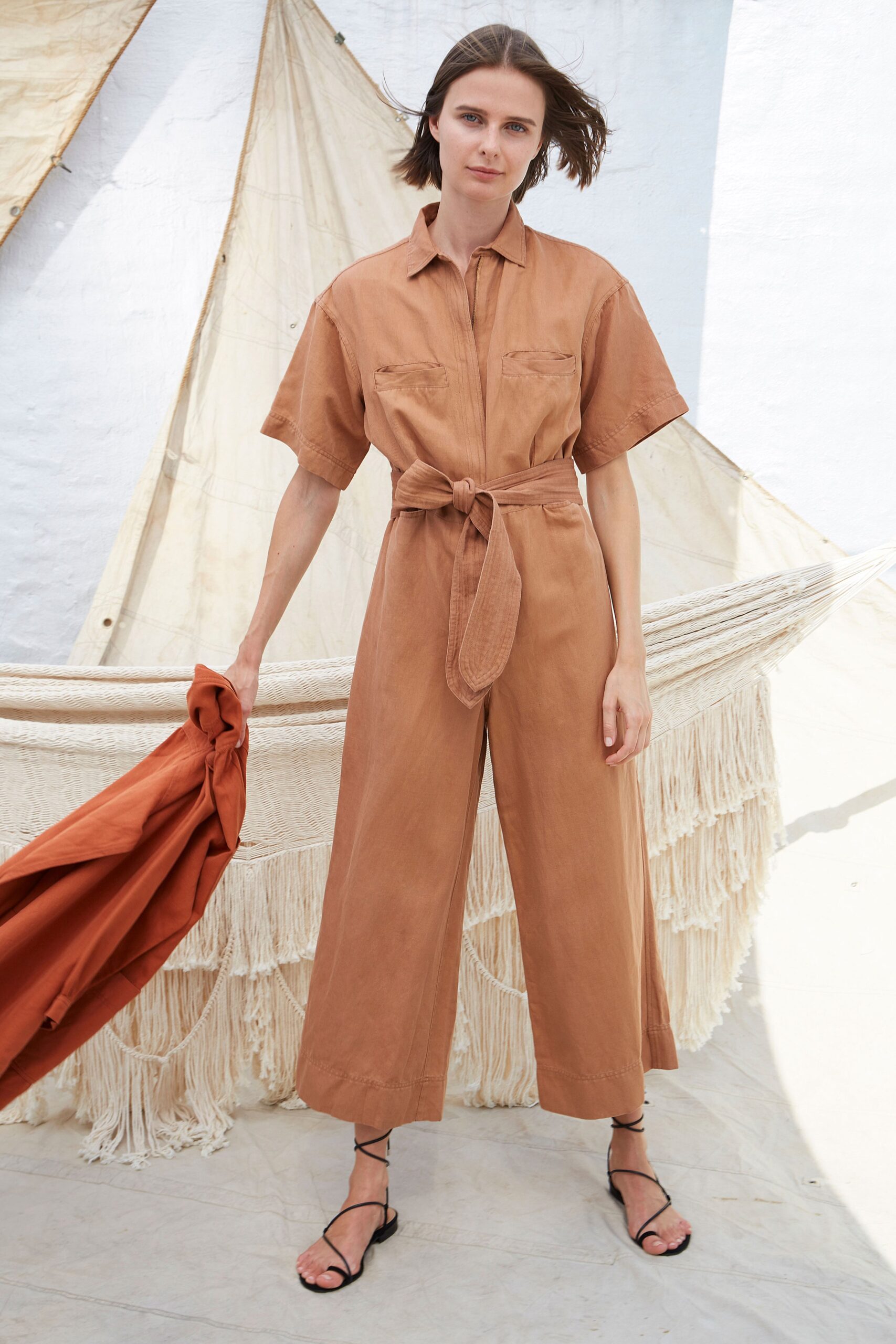 brown relaxed jumpsuit with coat