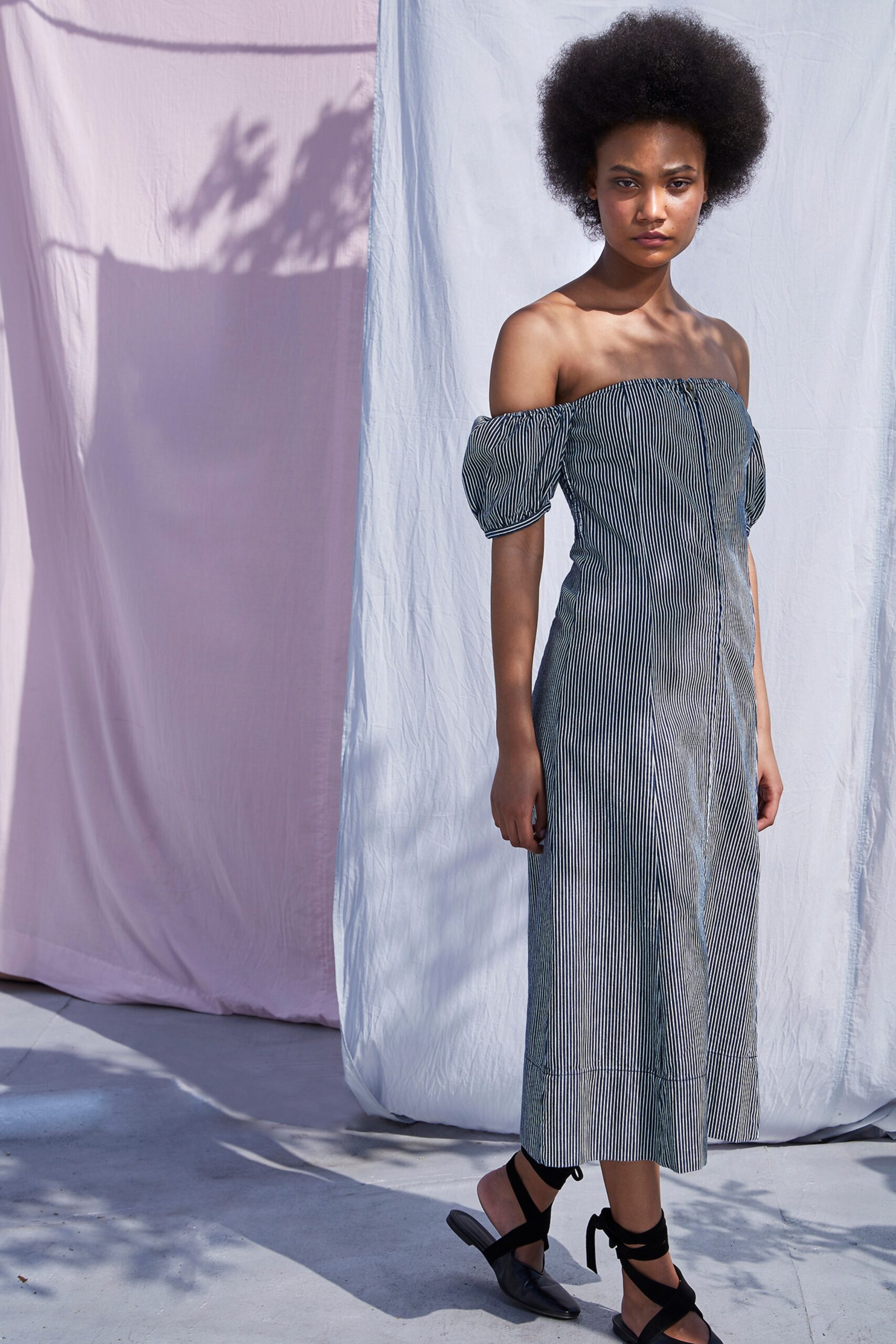 black and white striped off-shoulder dress