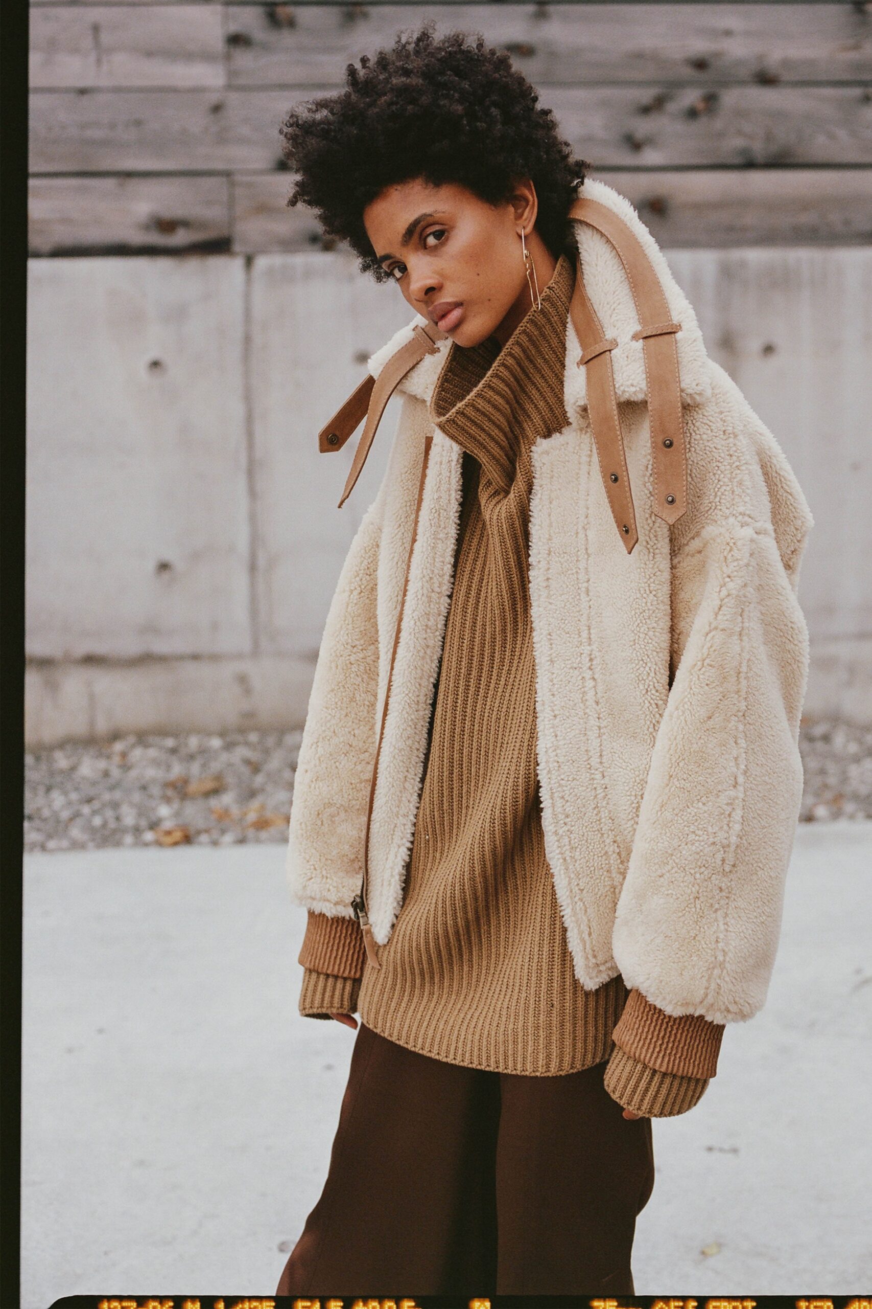 beige oversized faux-fur jacket
