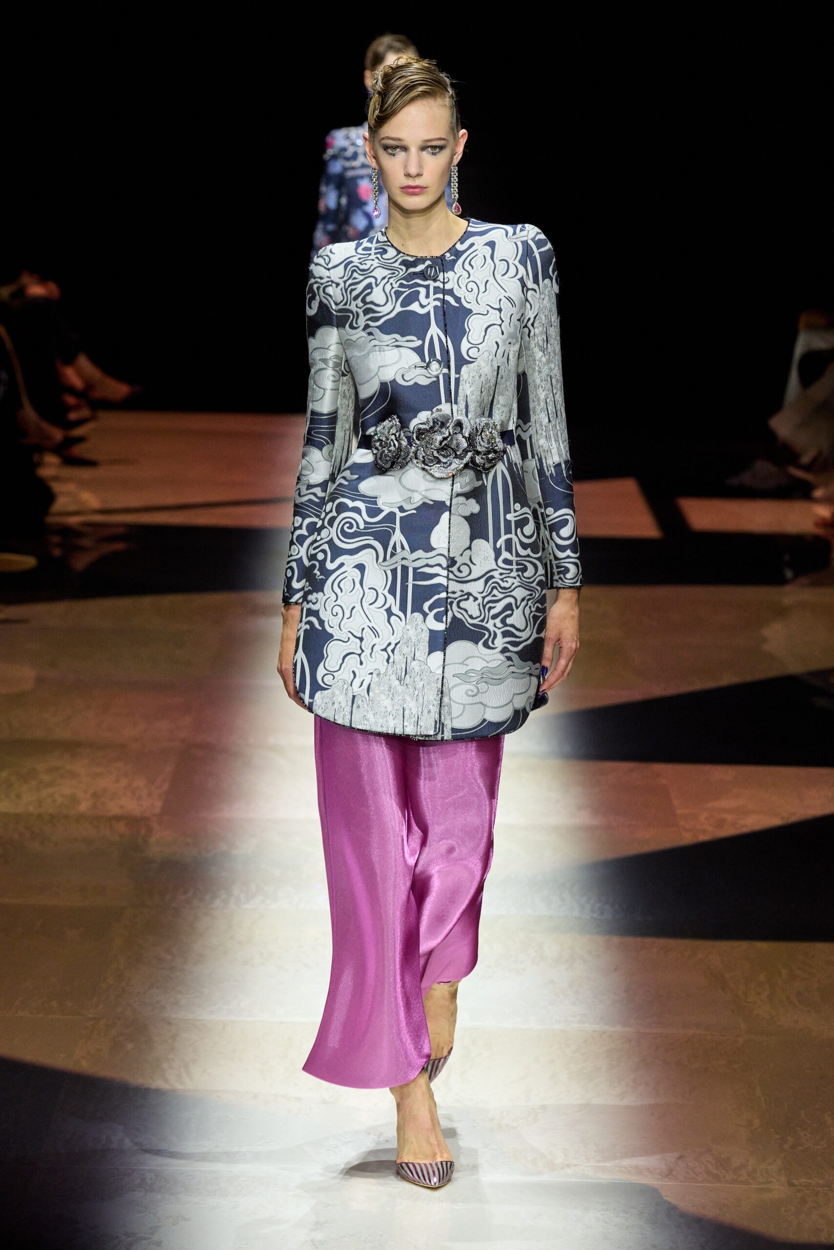 blue printed silk top and pink satin pants