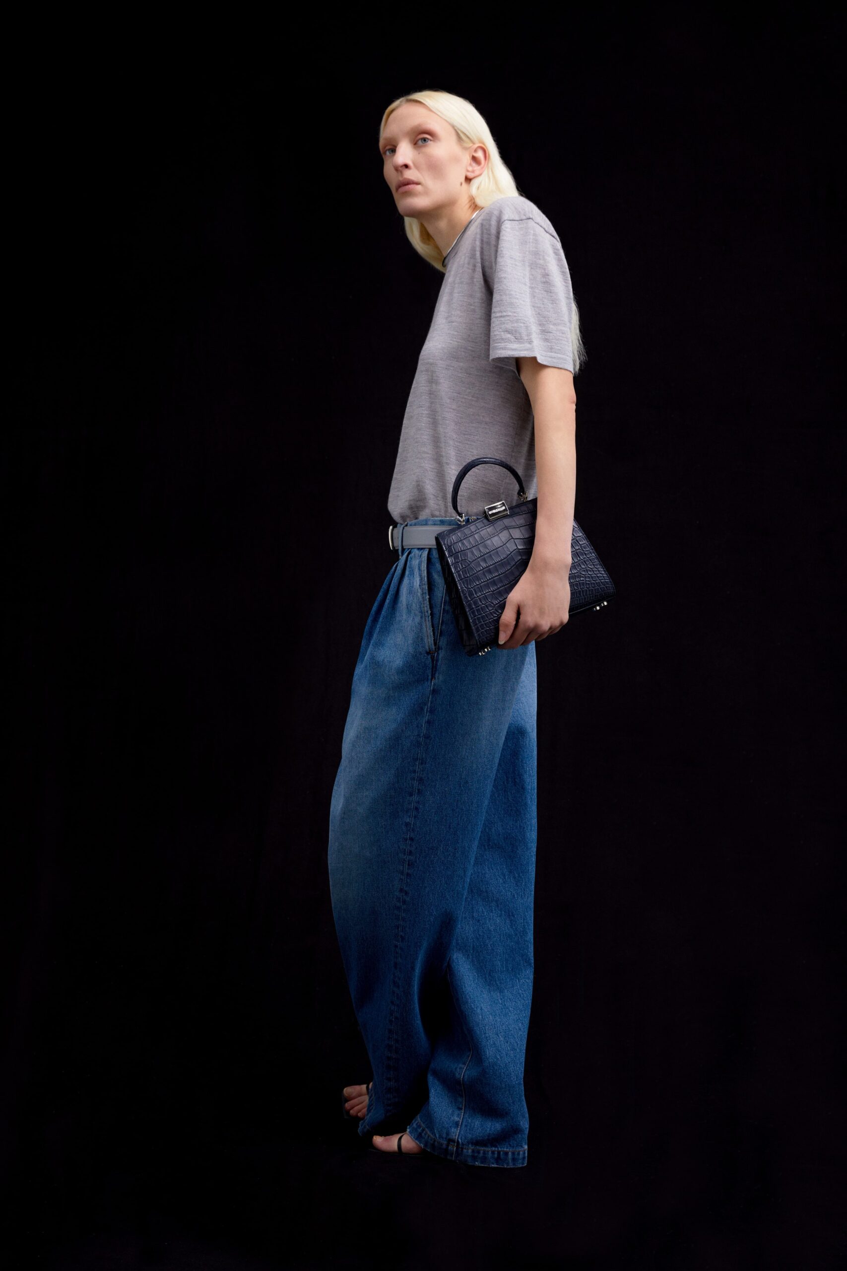 gray t-shirt with blue wide-leg pants