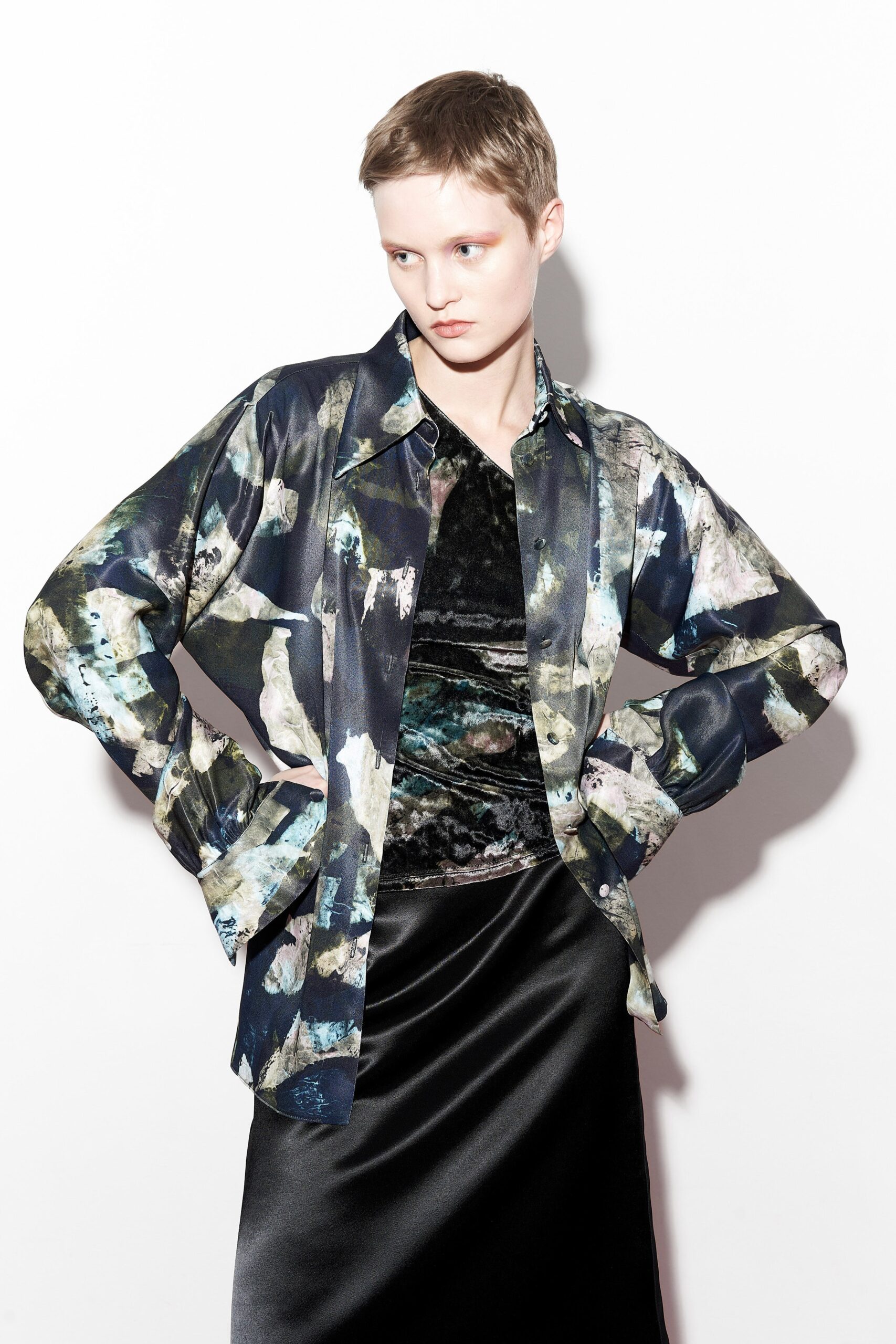 black velvet top with printed shirt