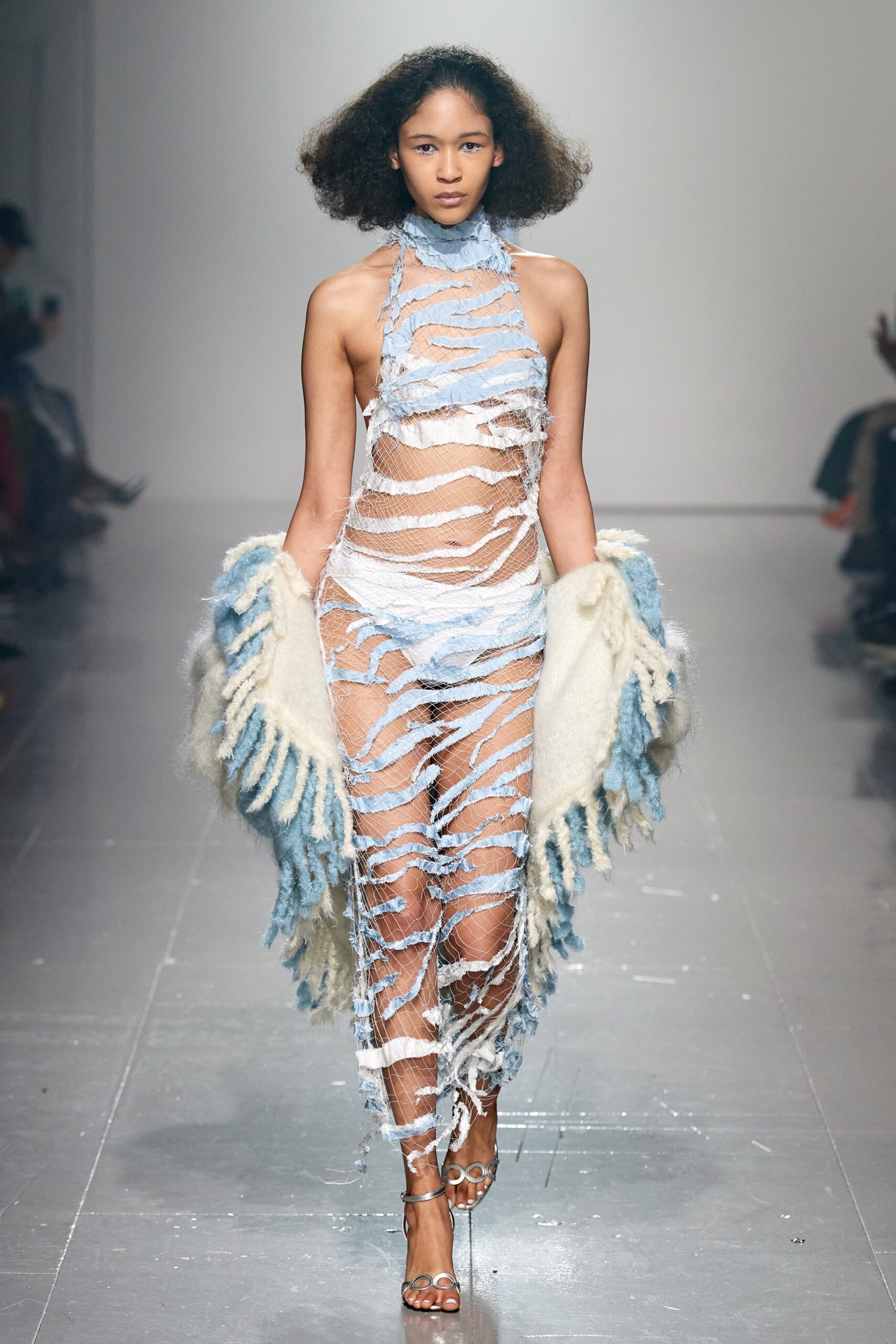 blue and white fringed dress with oversized coat