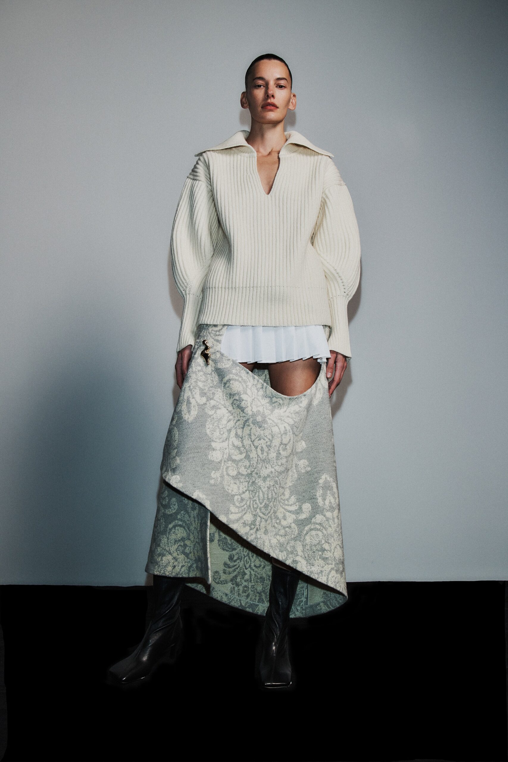 white fitted sweater gray asymmetric skirt