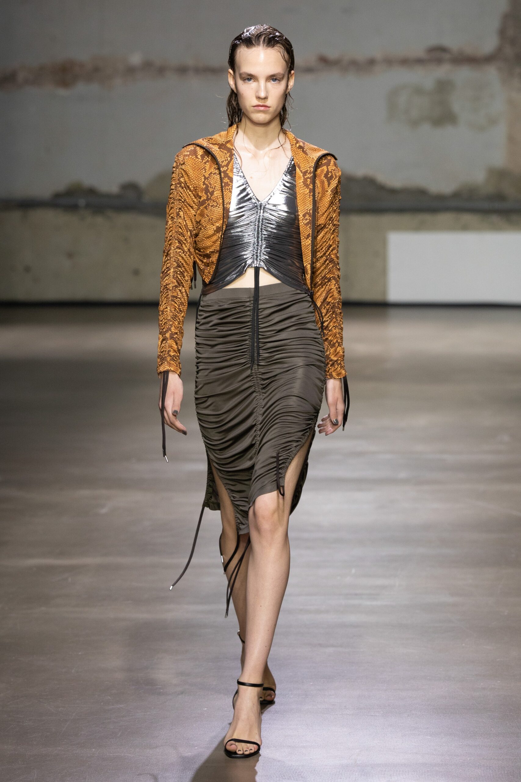 orange silk long-sleeve collared fitted ruffled top