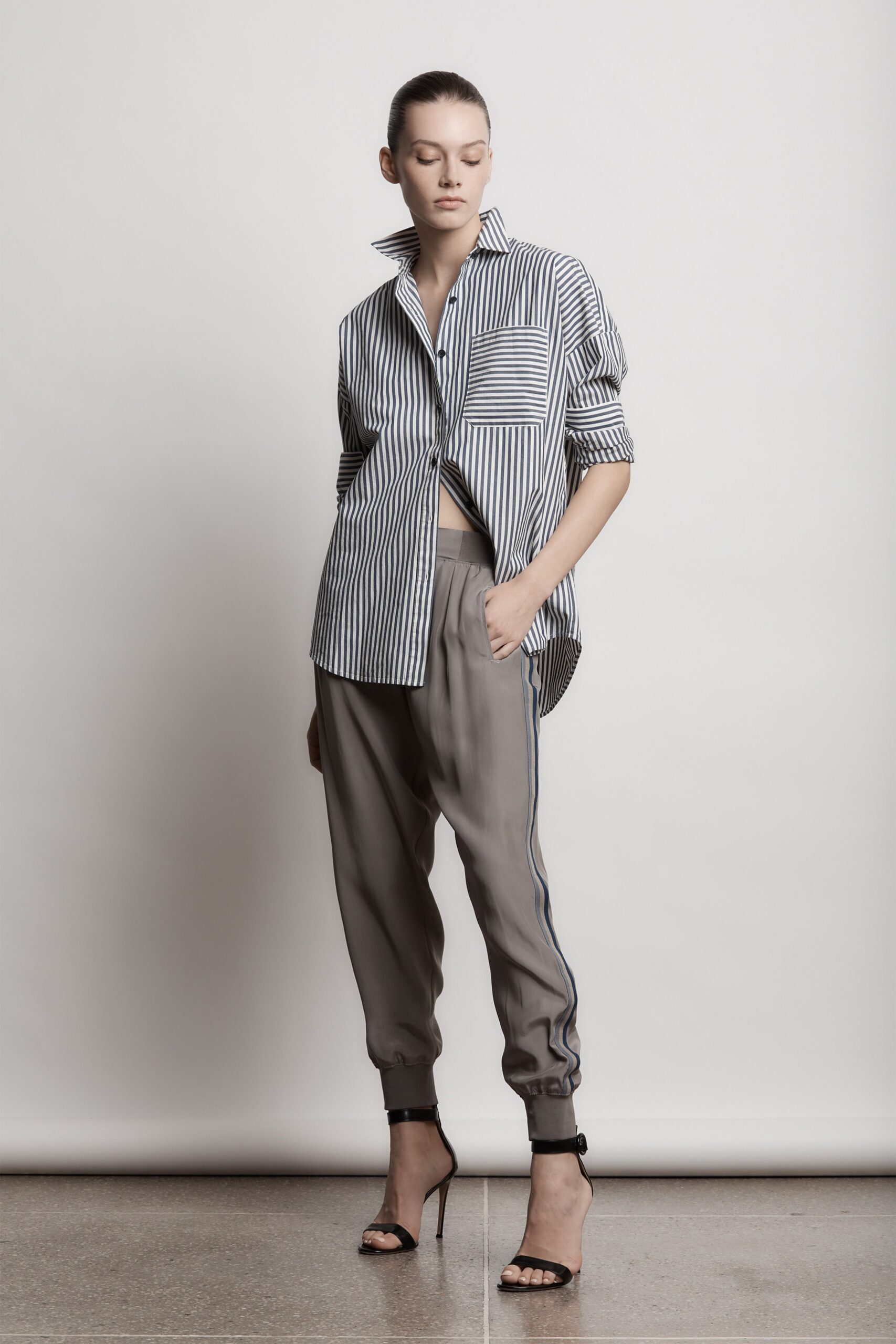 relaxed striped shirt with gray pants