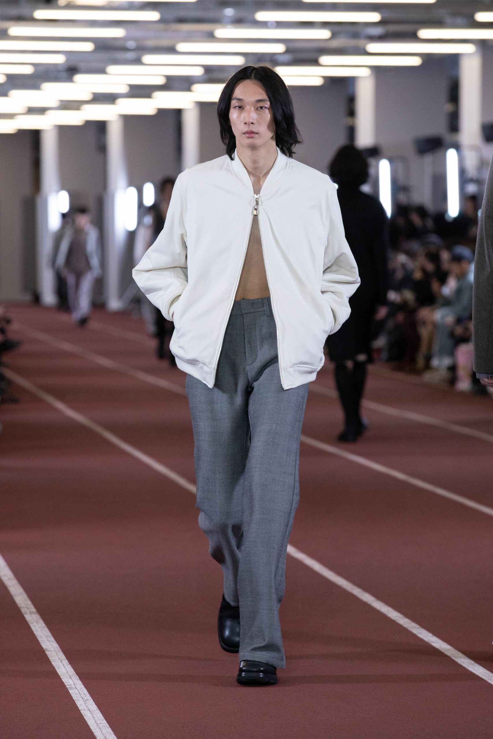 white relaxed jacket gray tailored pants