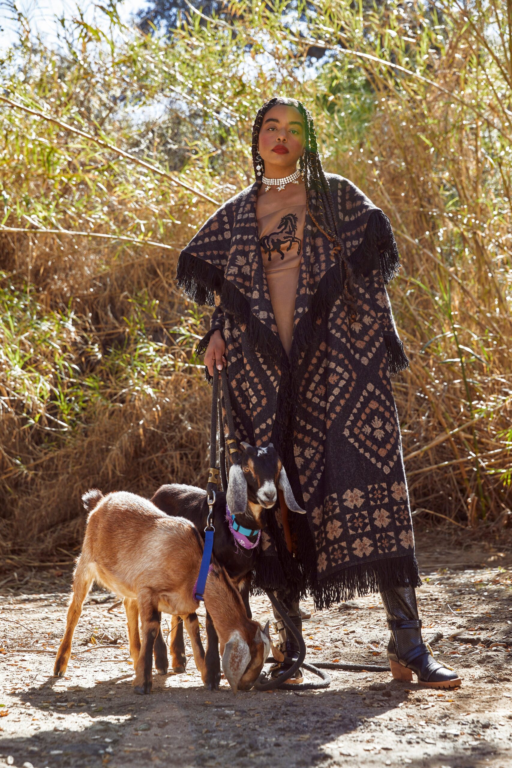 black wool cape with embroidered top