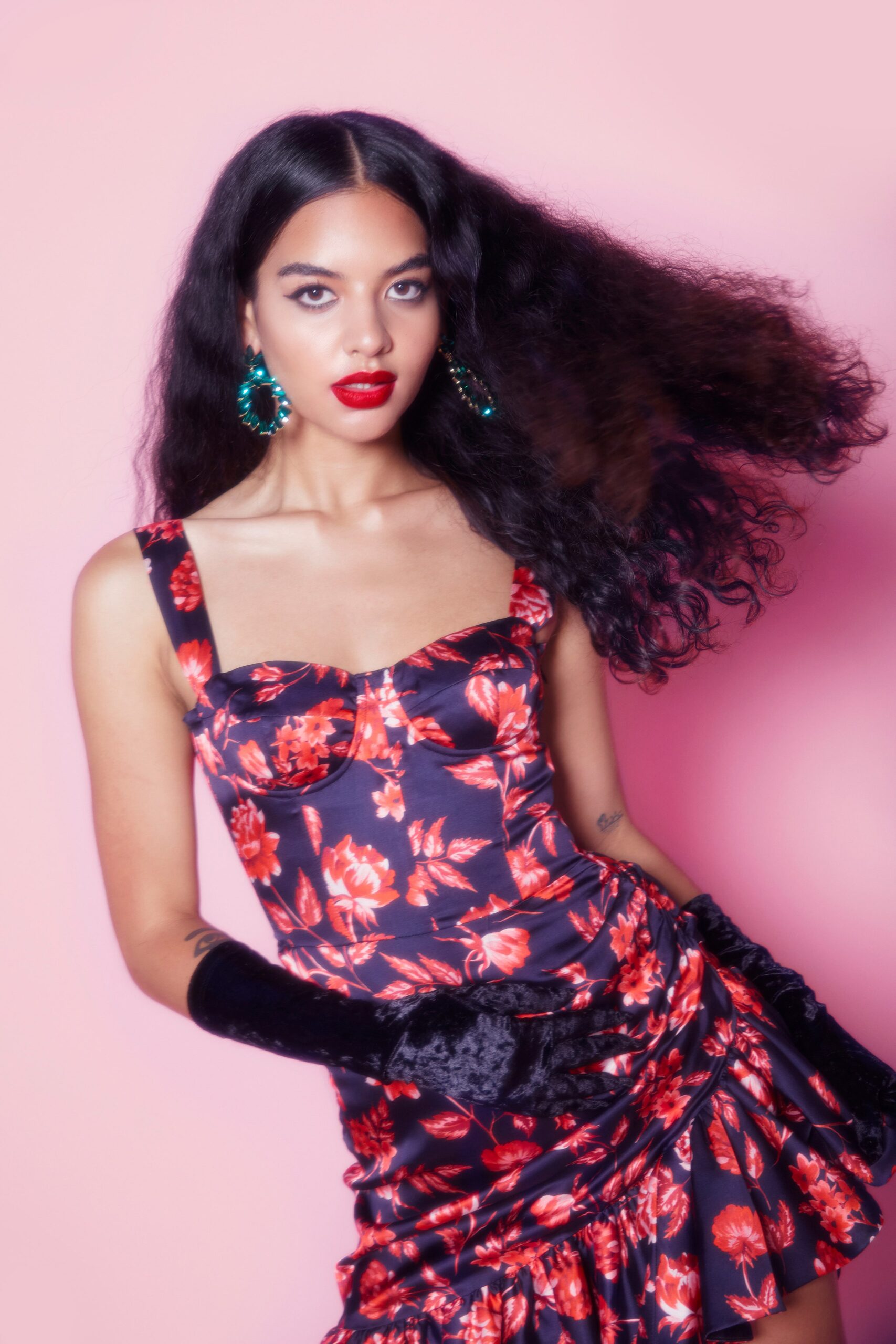 fitted black floral mini dress