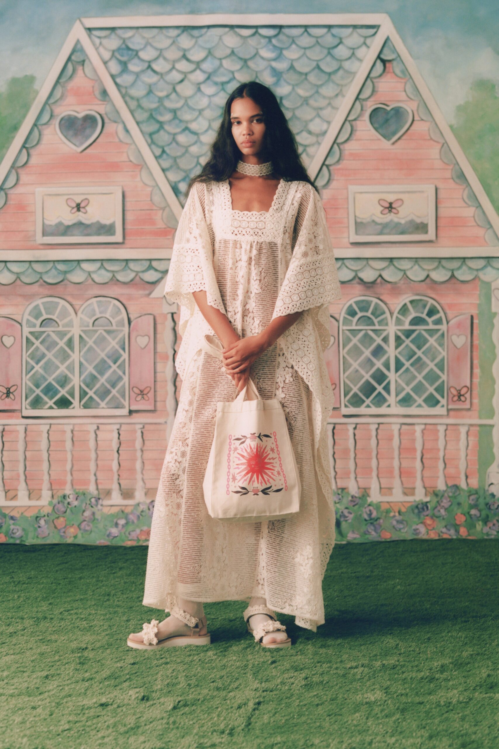 white lace maxi dress with bag