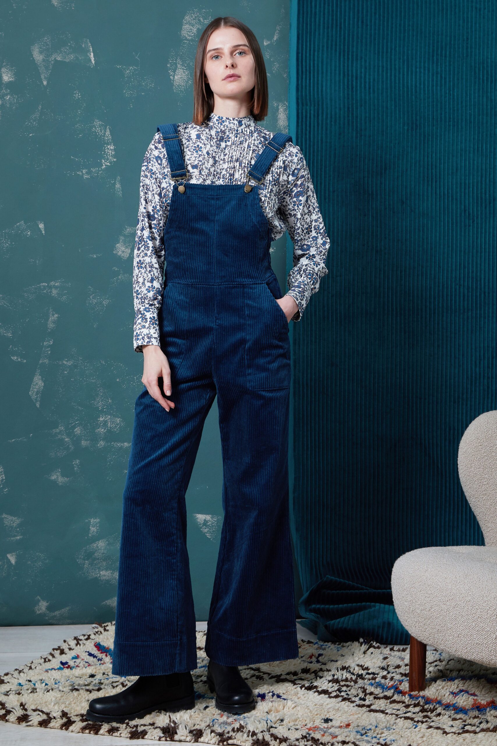 blue cotton overalls with printed blouse