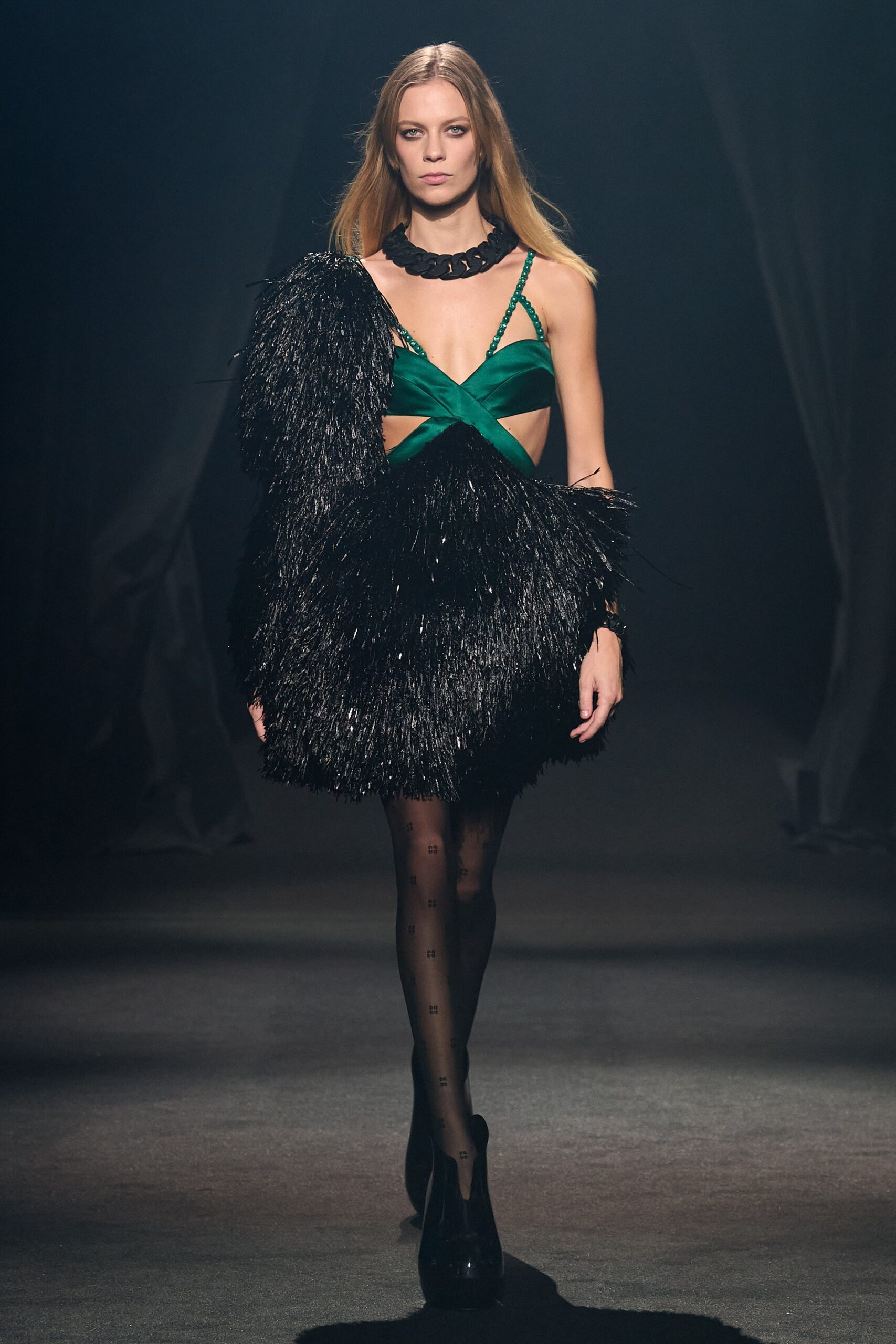 black and green ruffled mini dress
