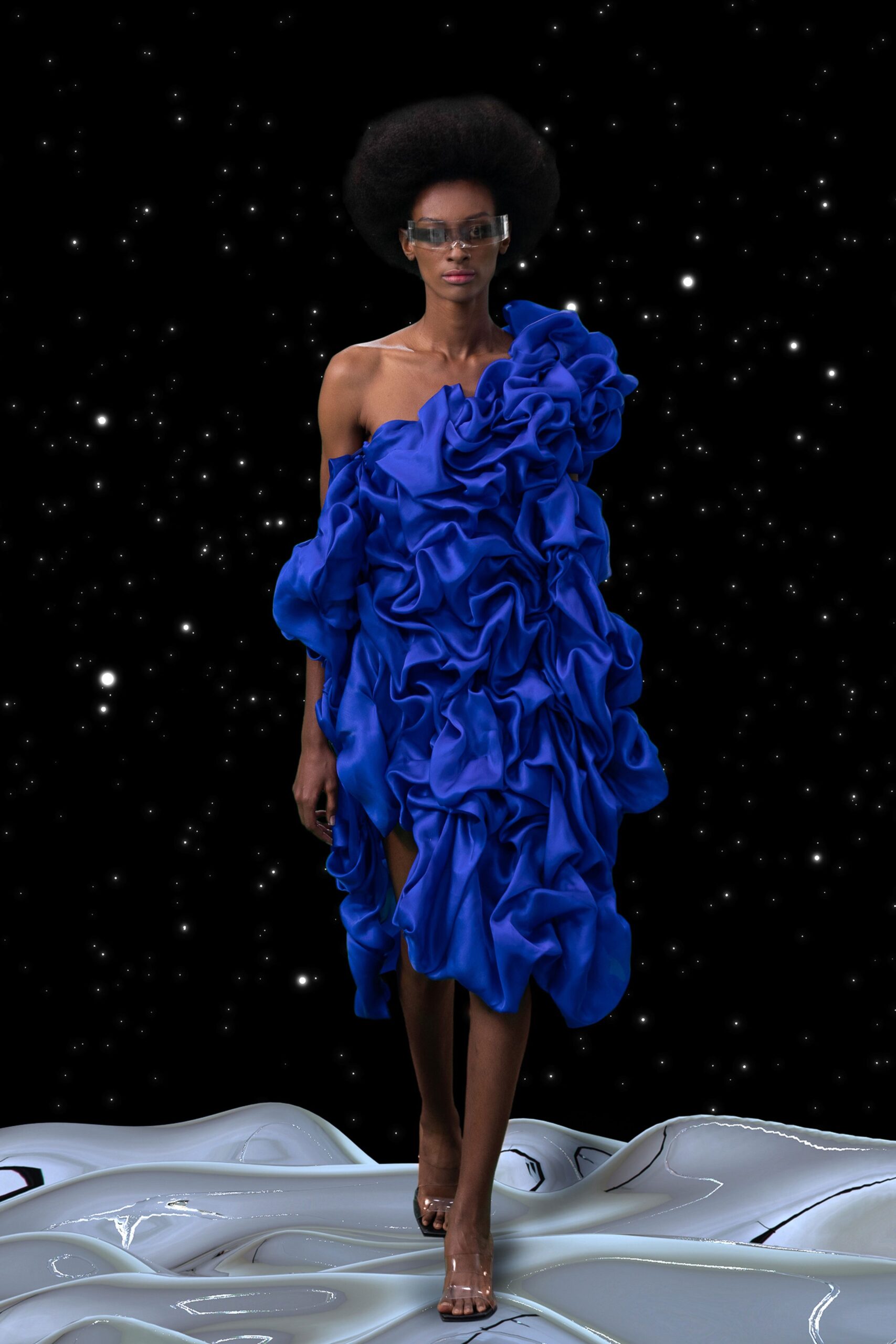 blue ruffled mini dress