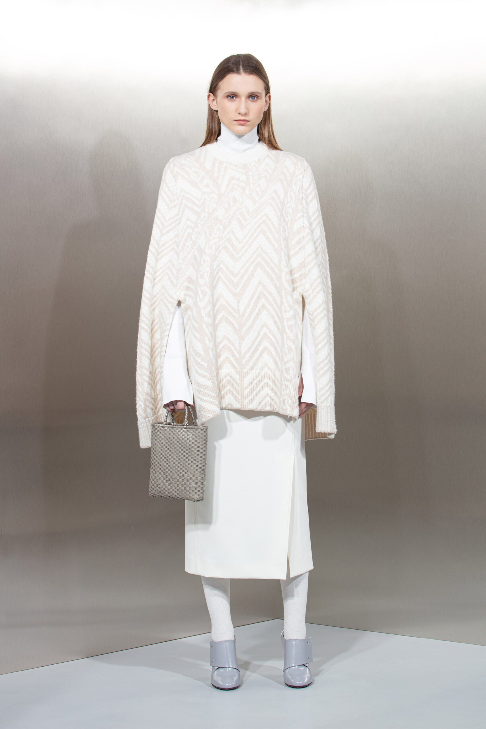 beige wool long-sleeve high-neck oversized zigzag sweater