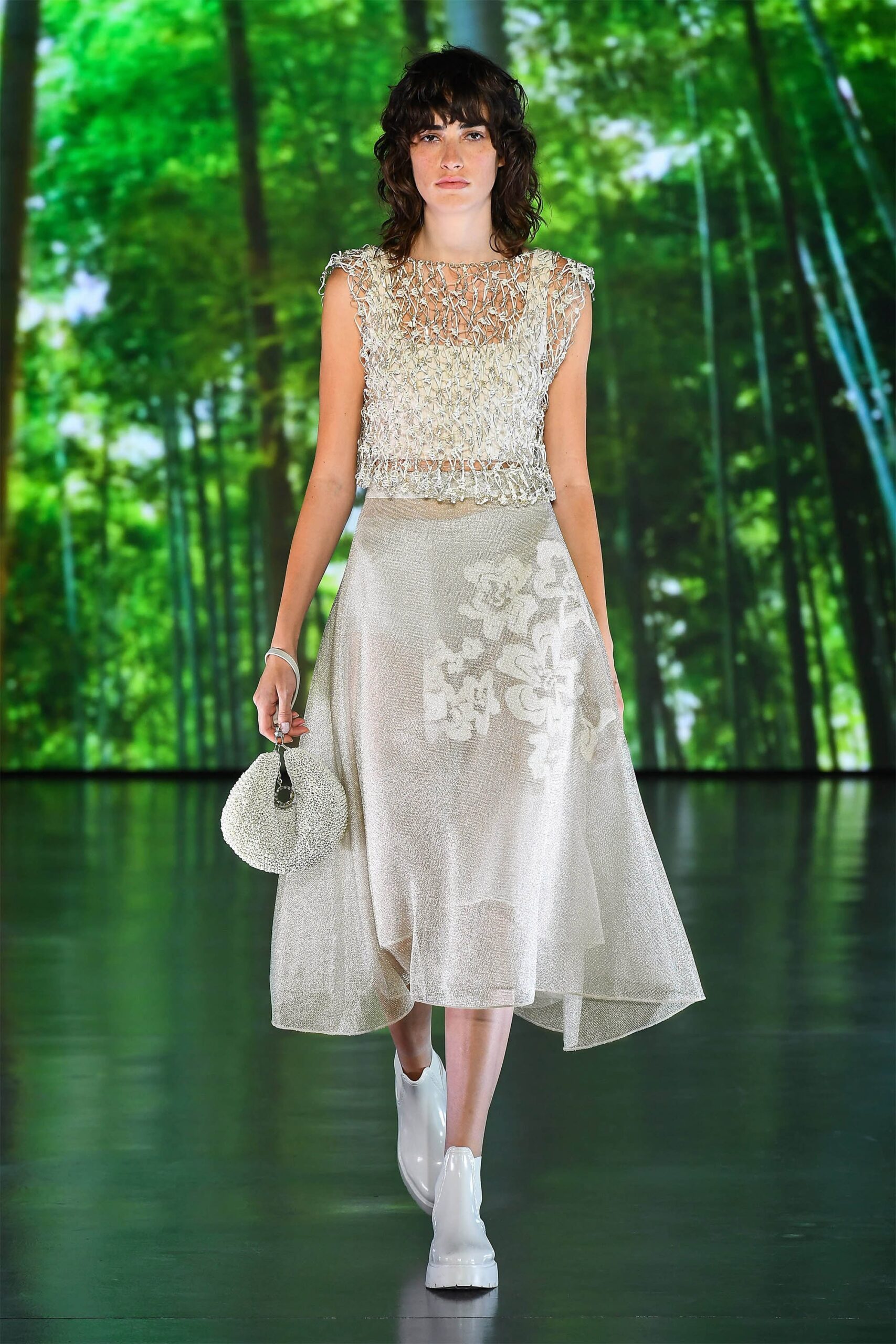 white silk sleeveless high-neck fitted embroidered a-line dress