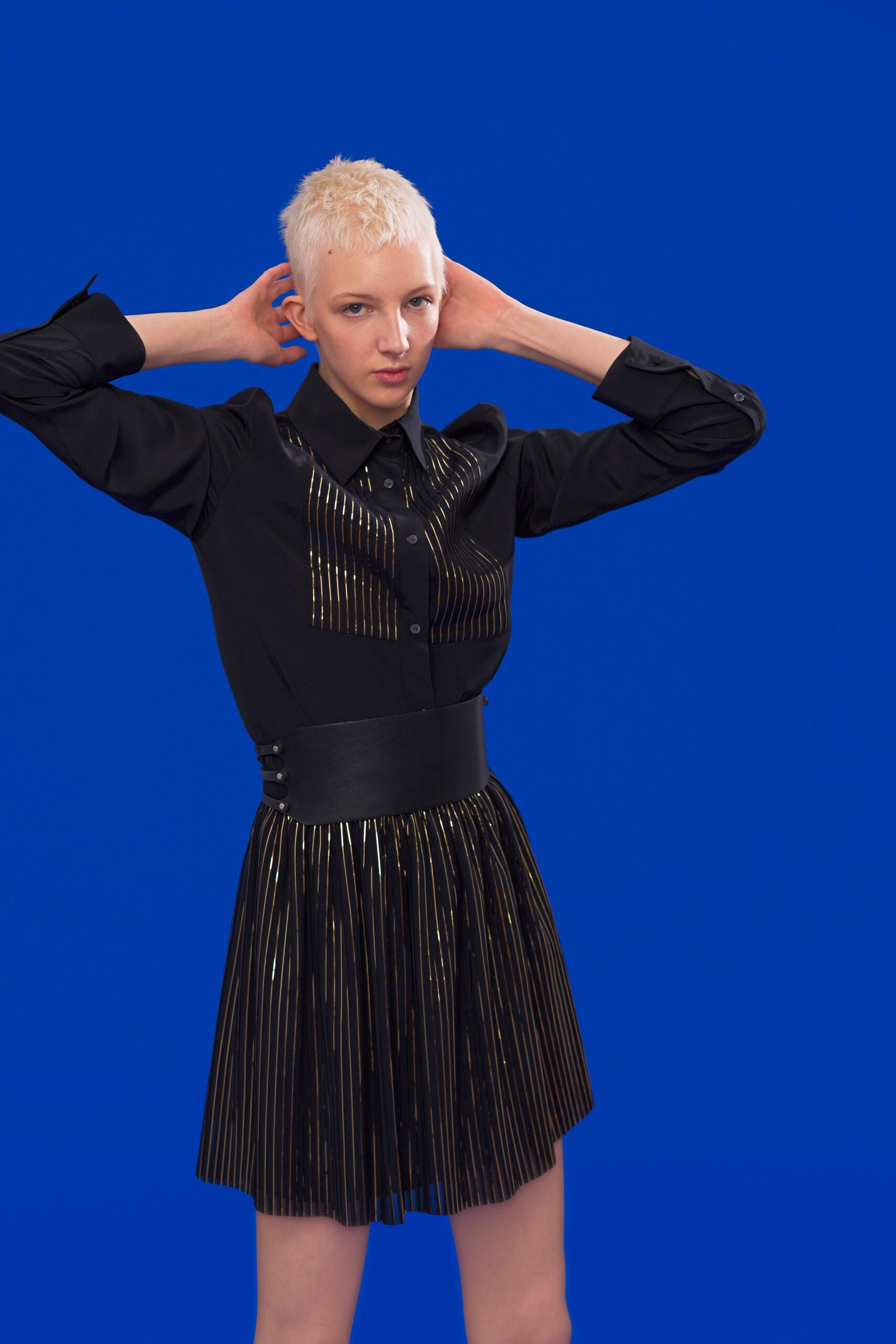 black vinyl pleated mini dress