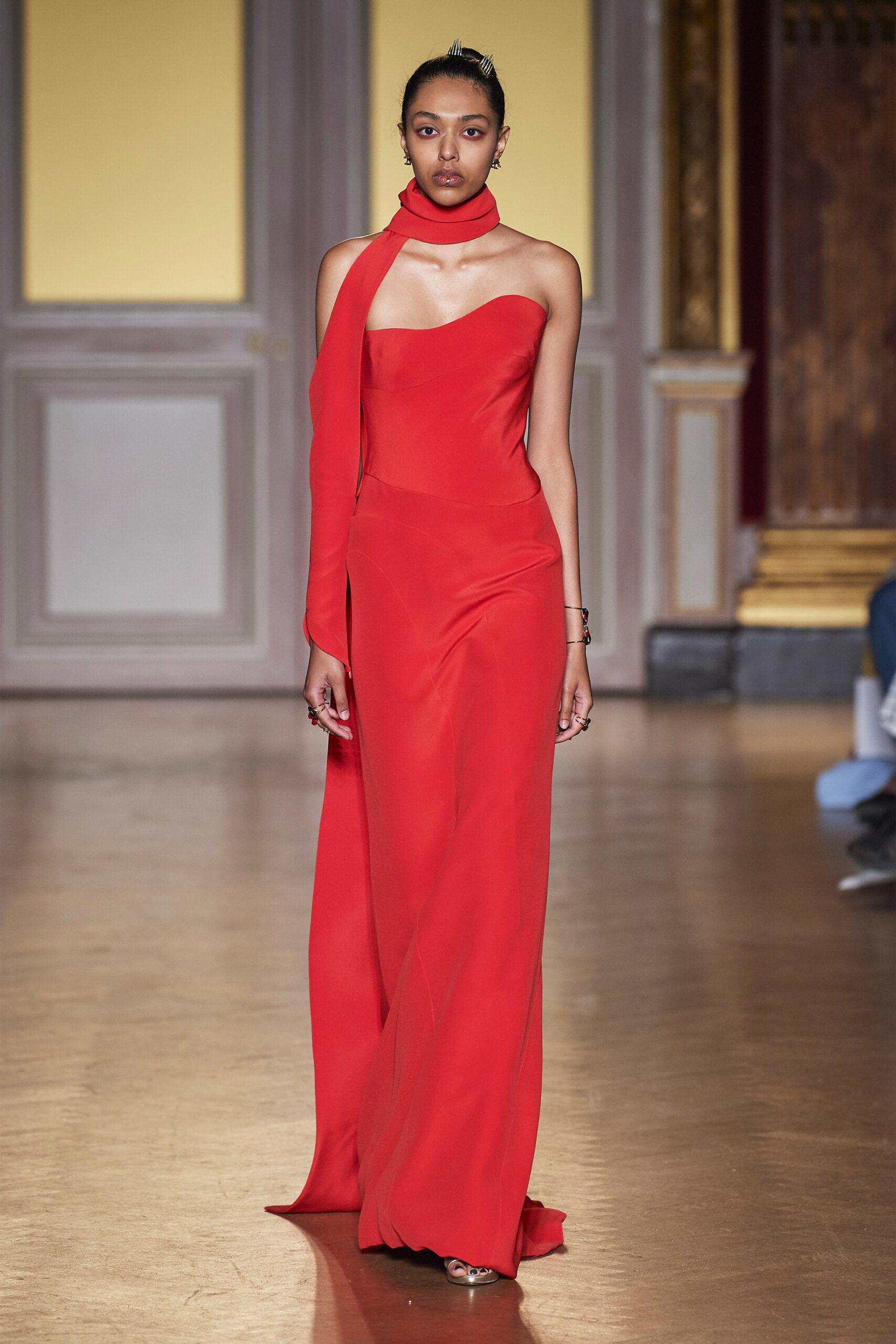 red silk strapless gown