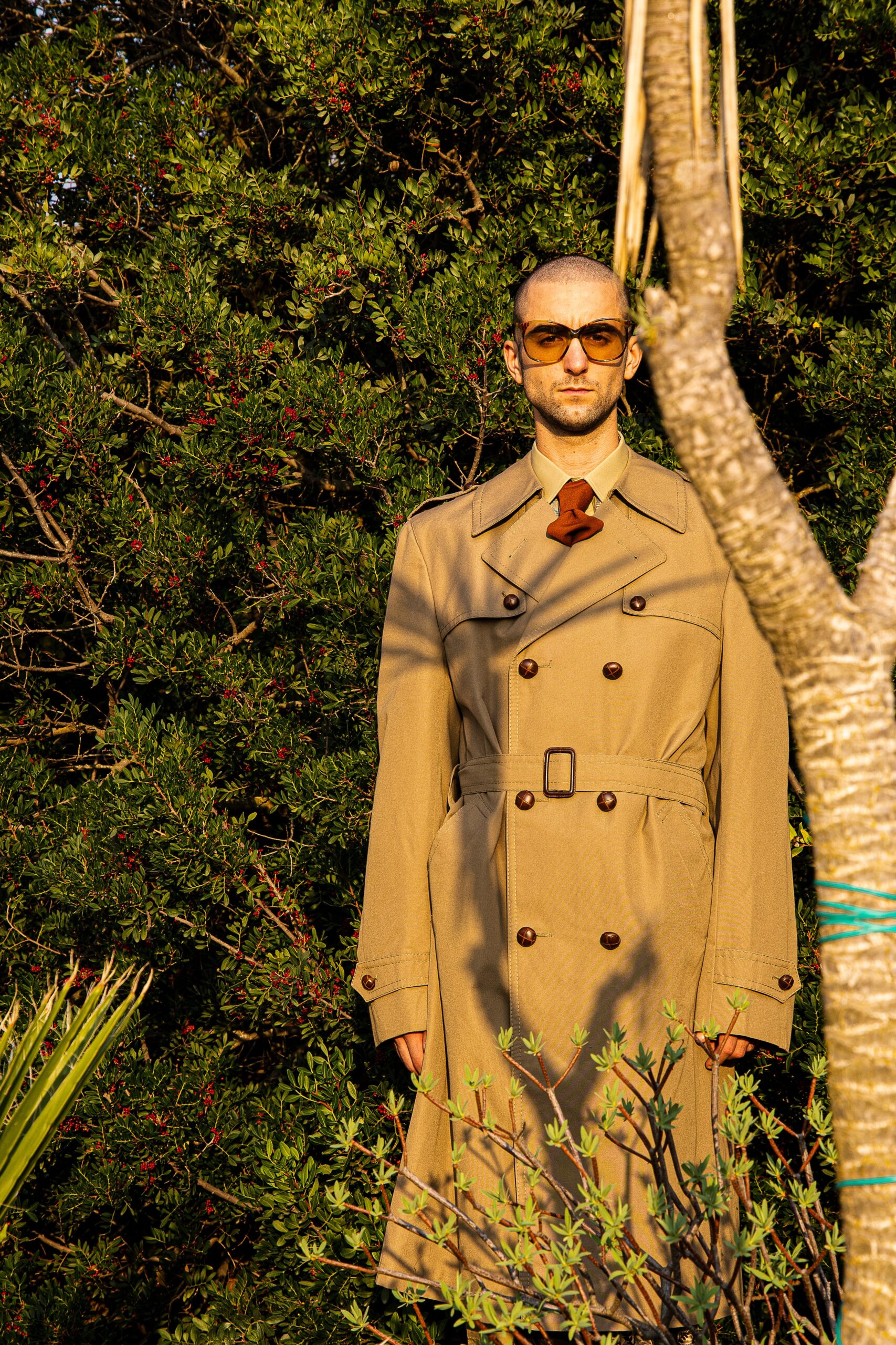 beige cotton long-sleeve collared tailored belted trench
