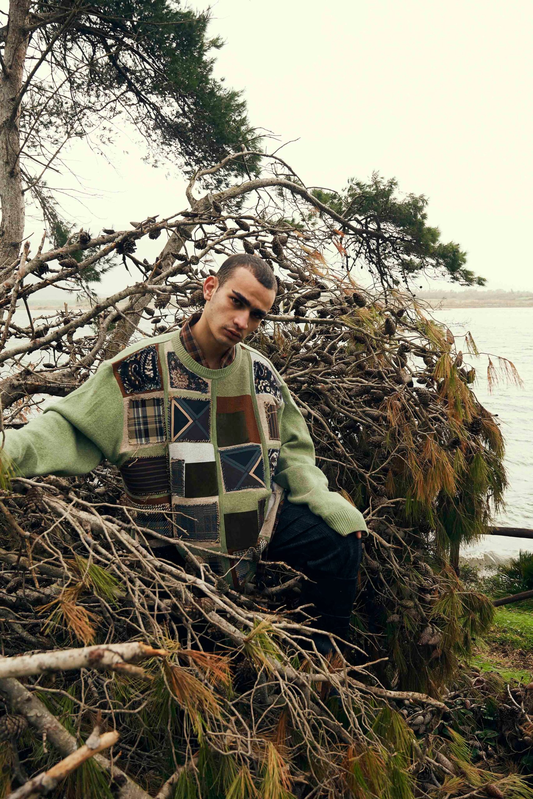 relaxed patchwork sweater and fitted pants