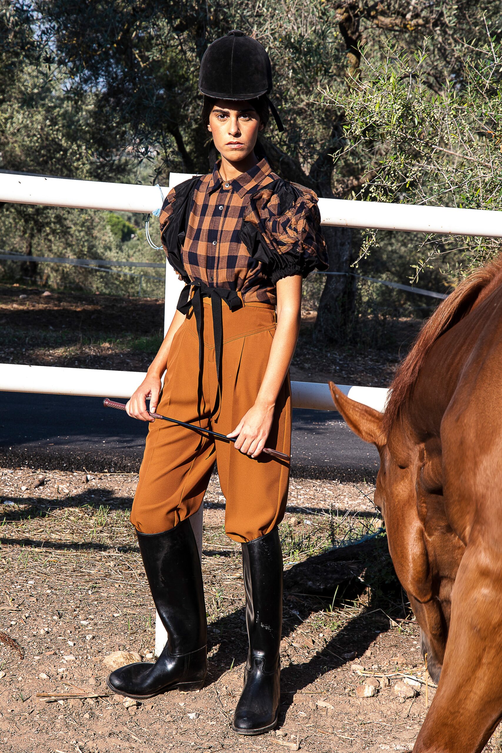 brown checked shirt with tailored pants