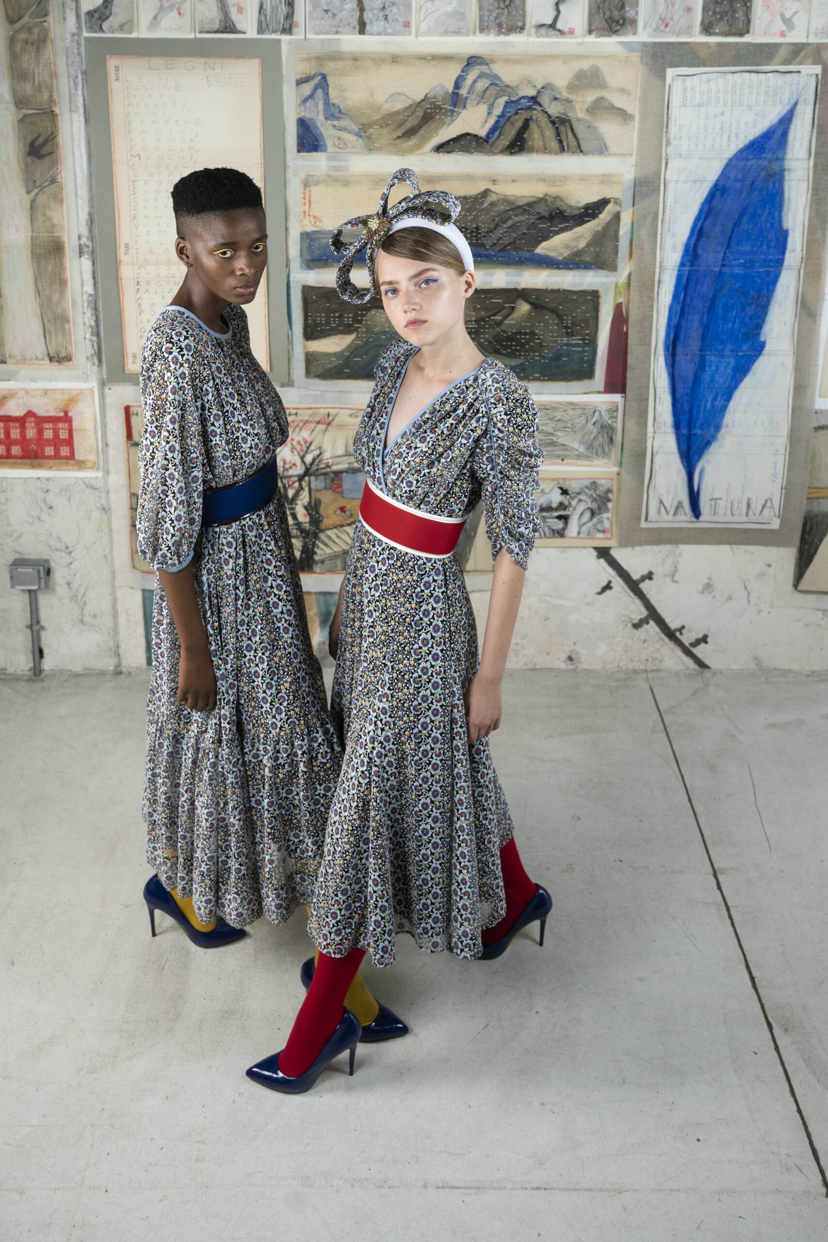 blue and white flared midi dresses