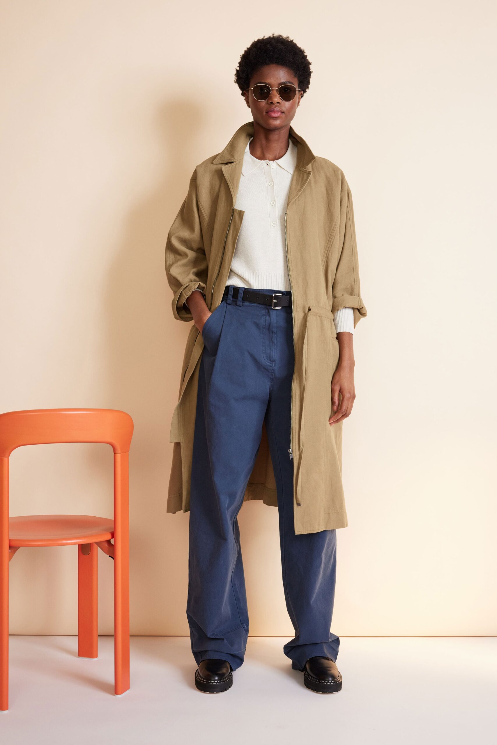 beige trench coat with relaxed pants