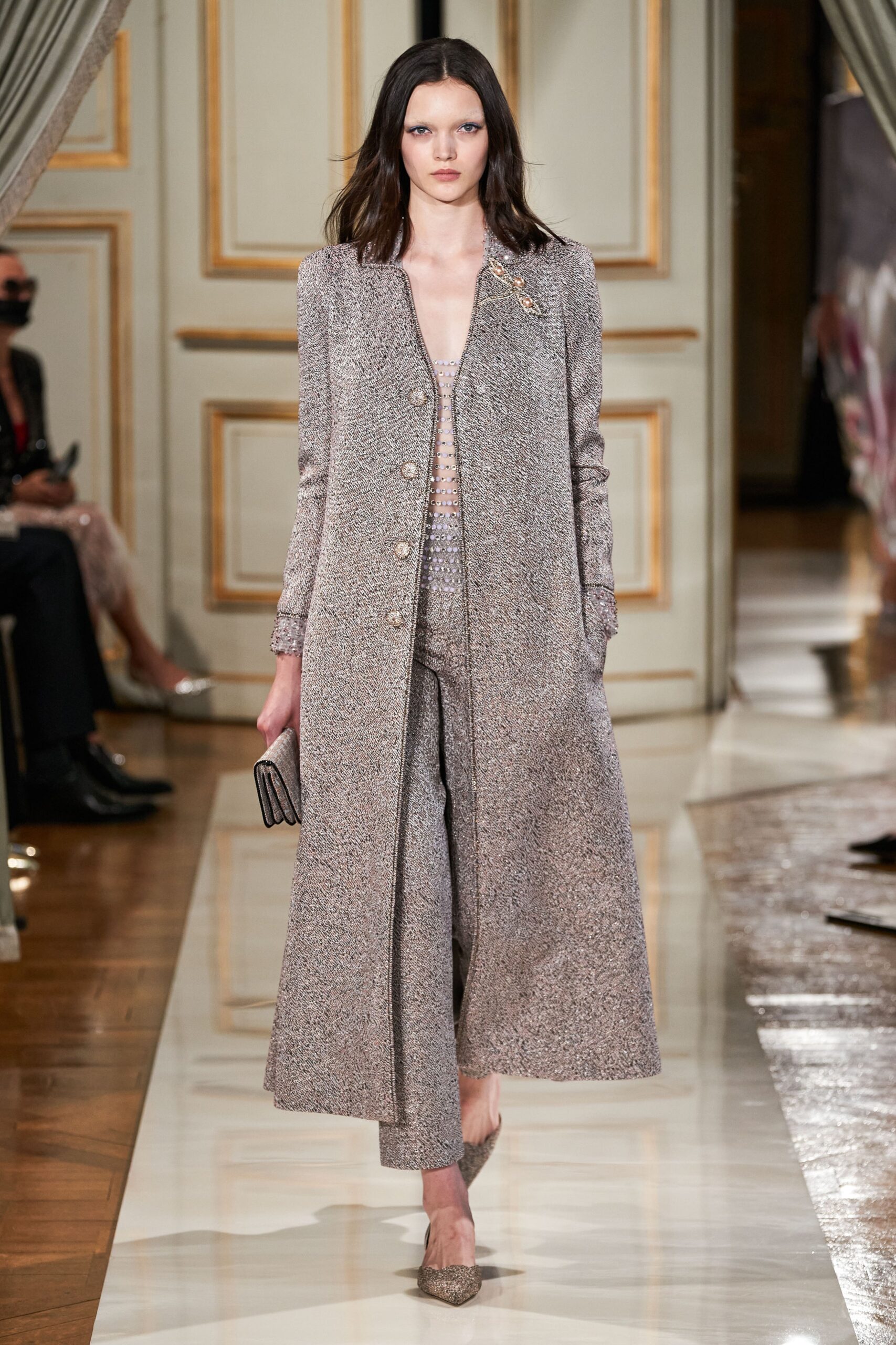 tailored gray tweed coat and pants