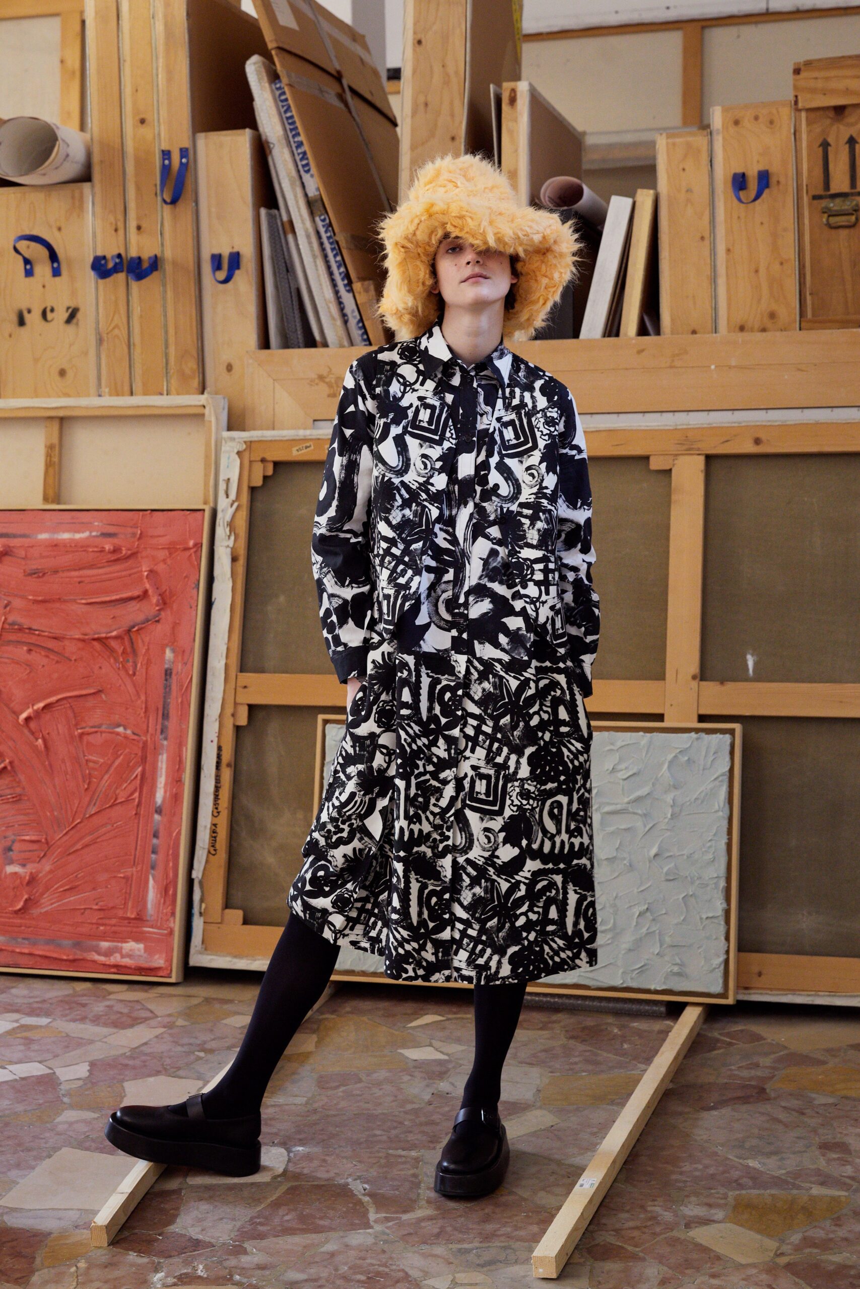 black and white printed shirt and skirt