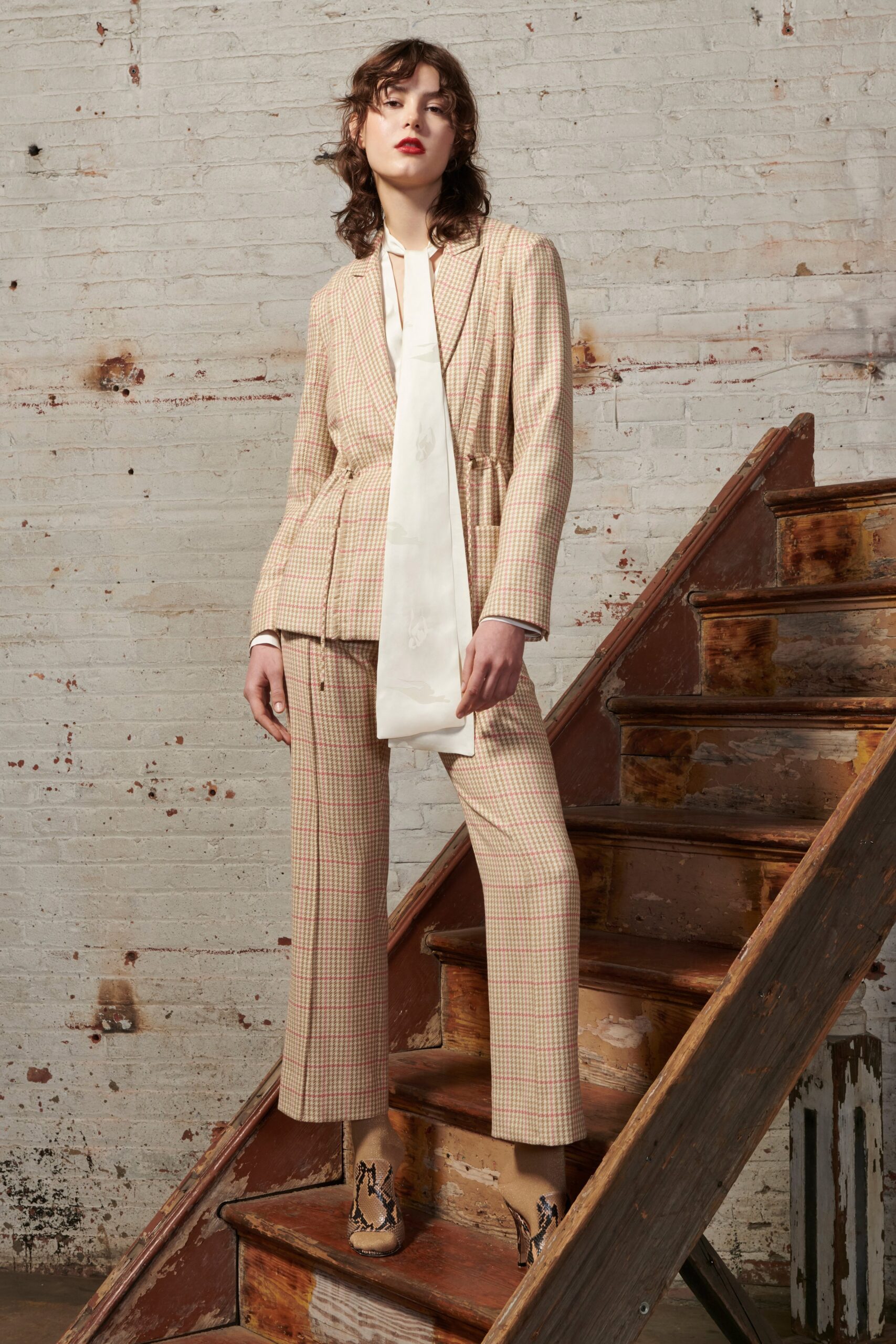 beige checked tailored blazer and pants