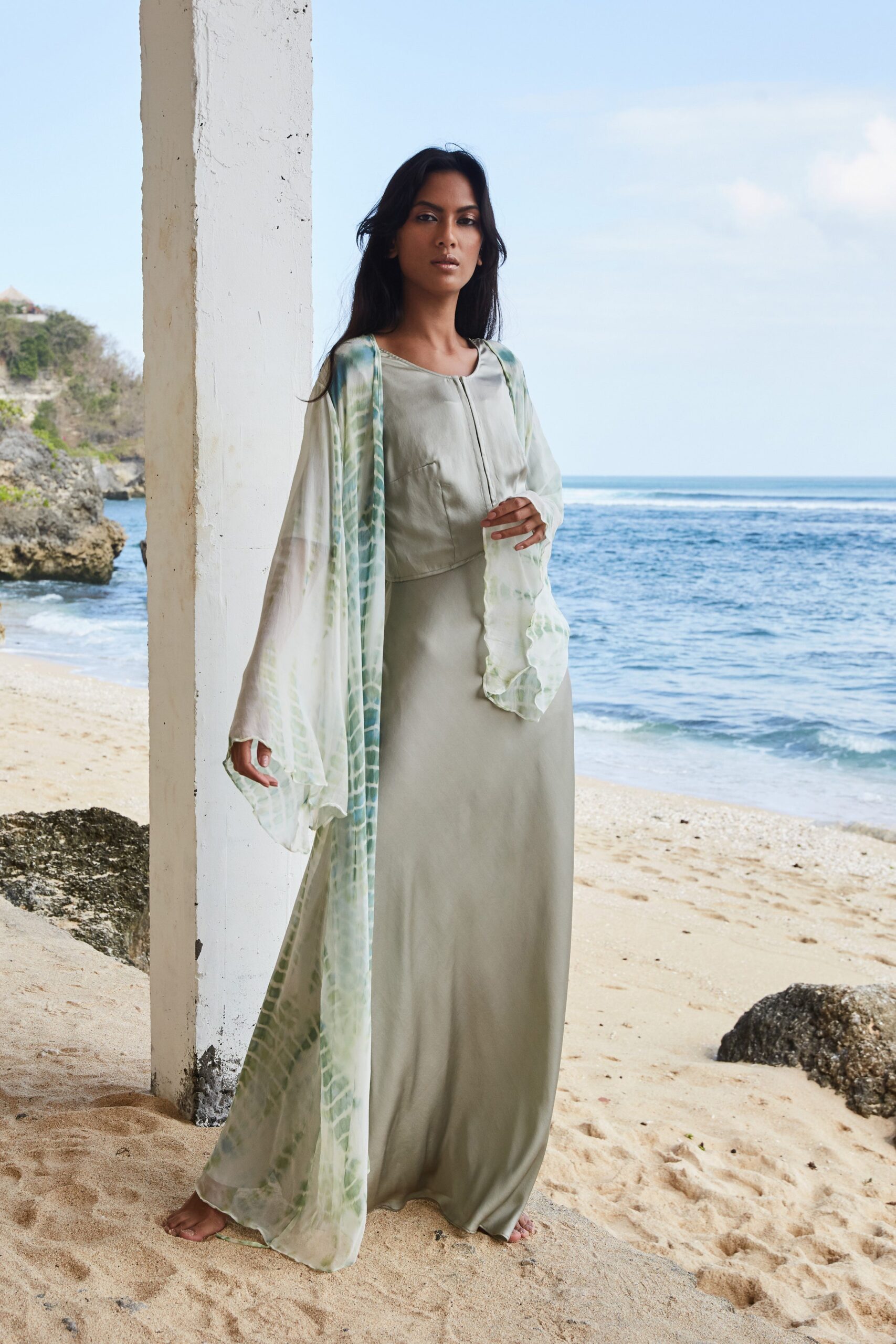 green silk maxi dress with cape