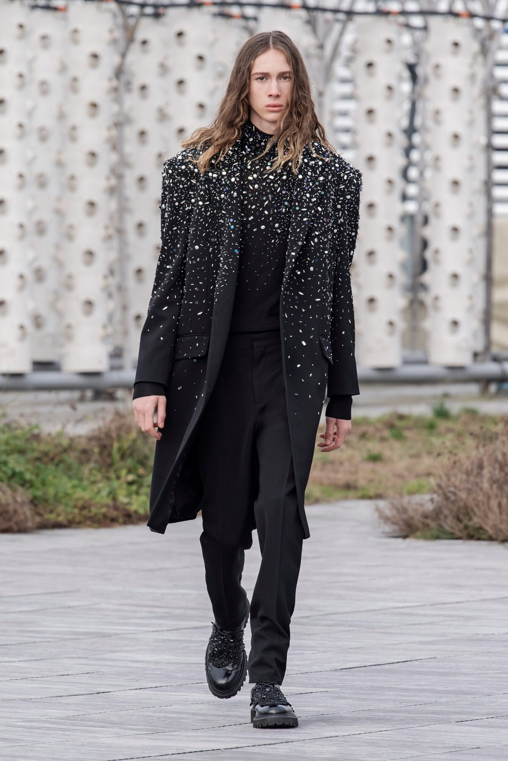 black embellished coat with tailored pants