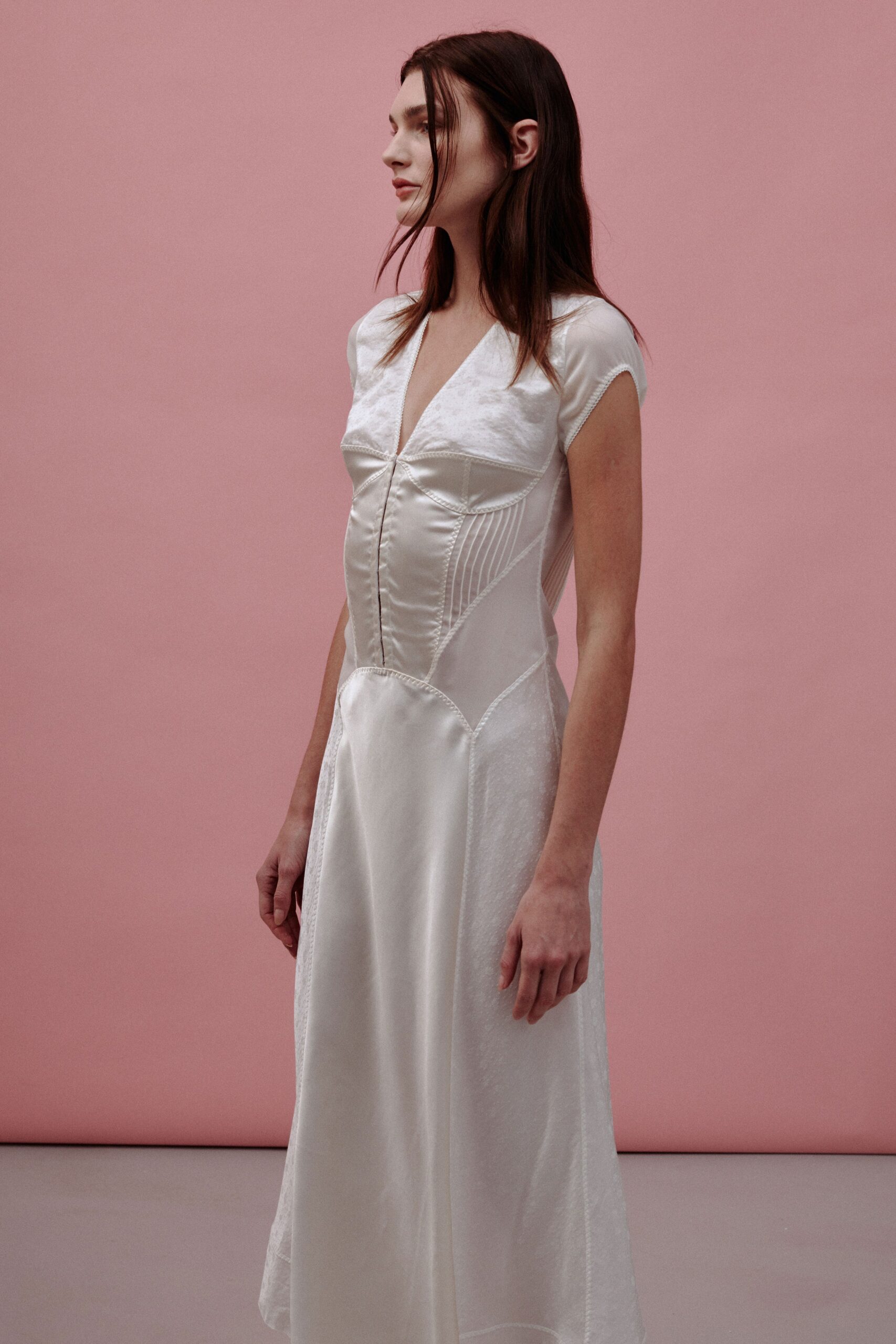 fitted white silk midi dress