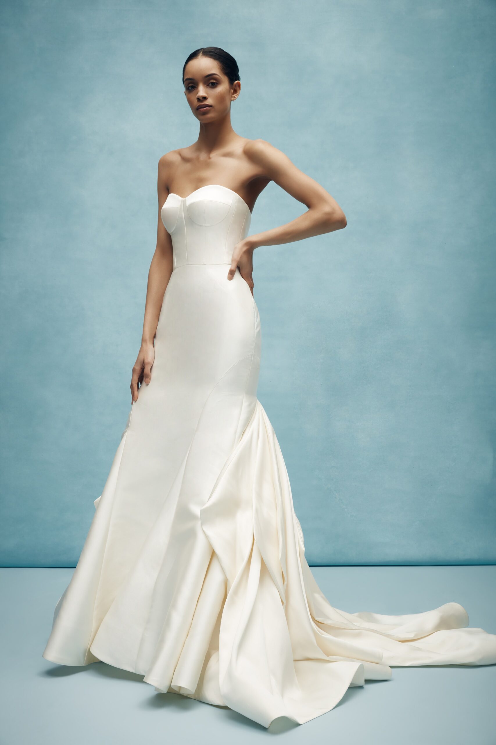 white silk strapless gown