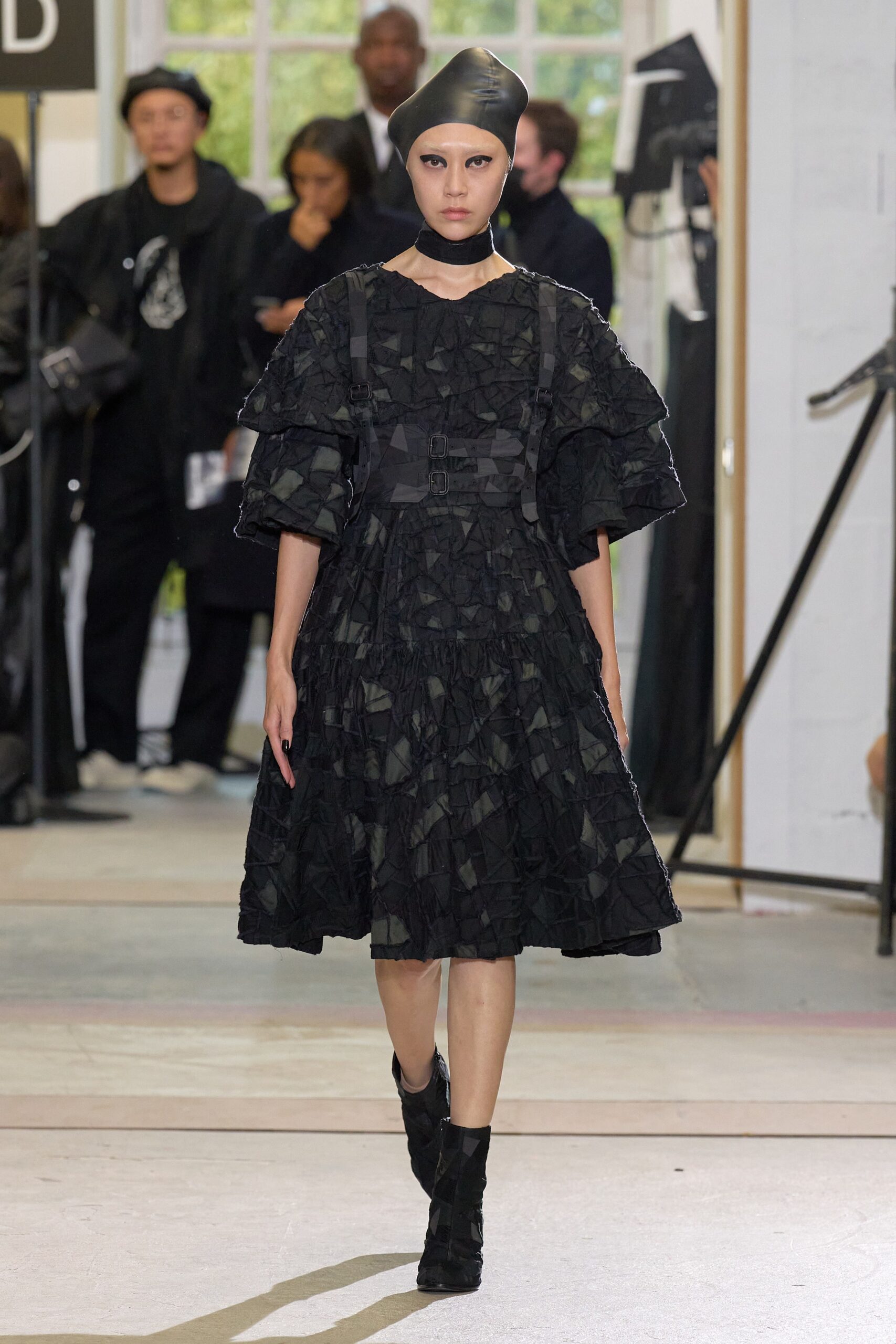 black pleated midi dress