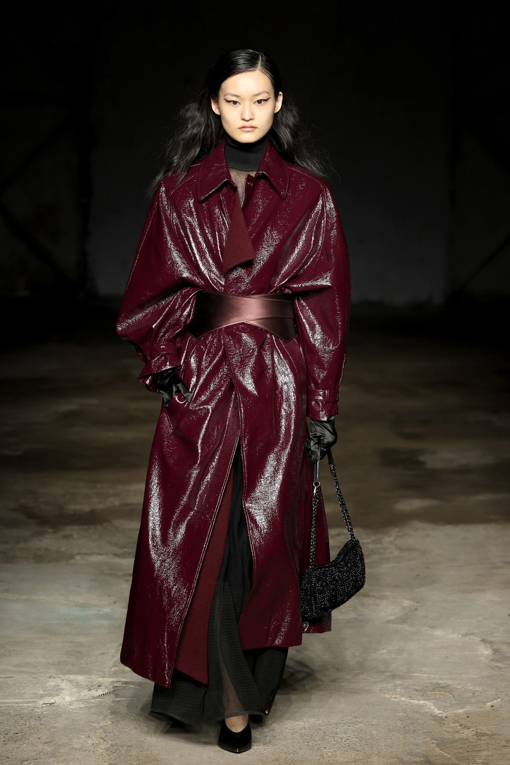 maroon vinyl coat with black dress