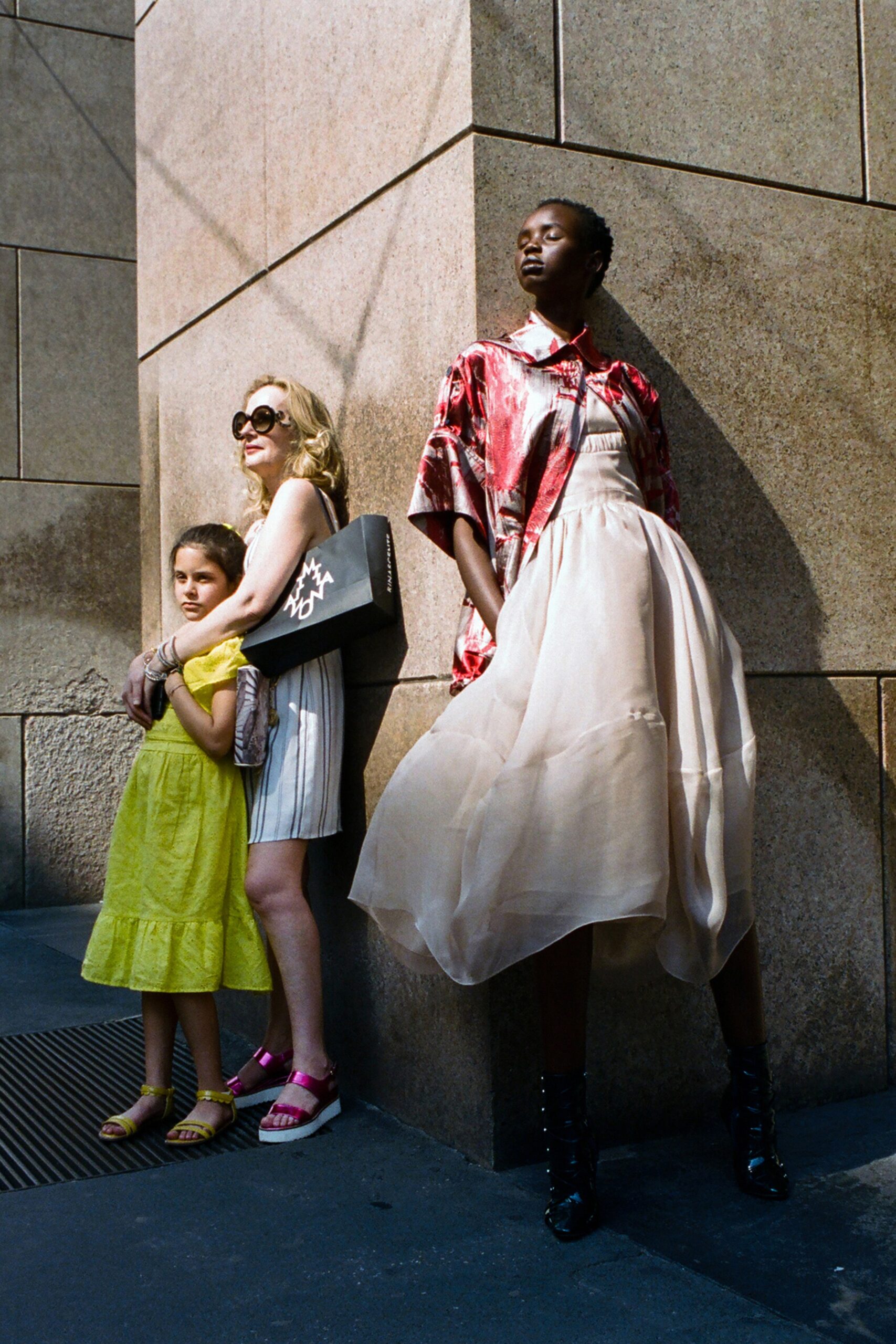 beige silk midi dress and red top