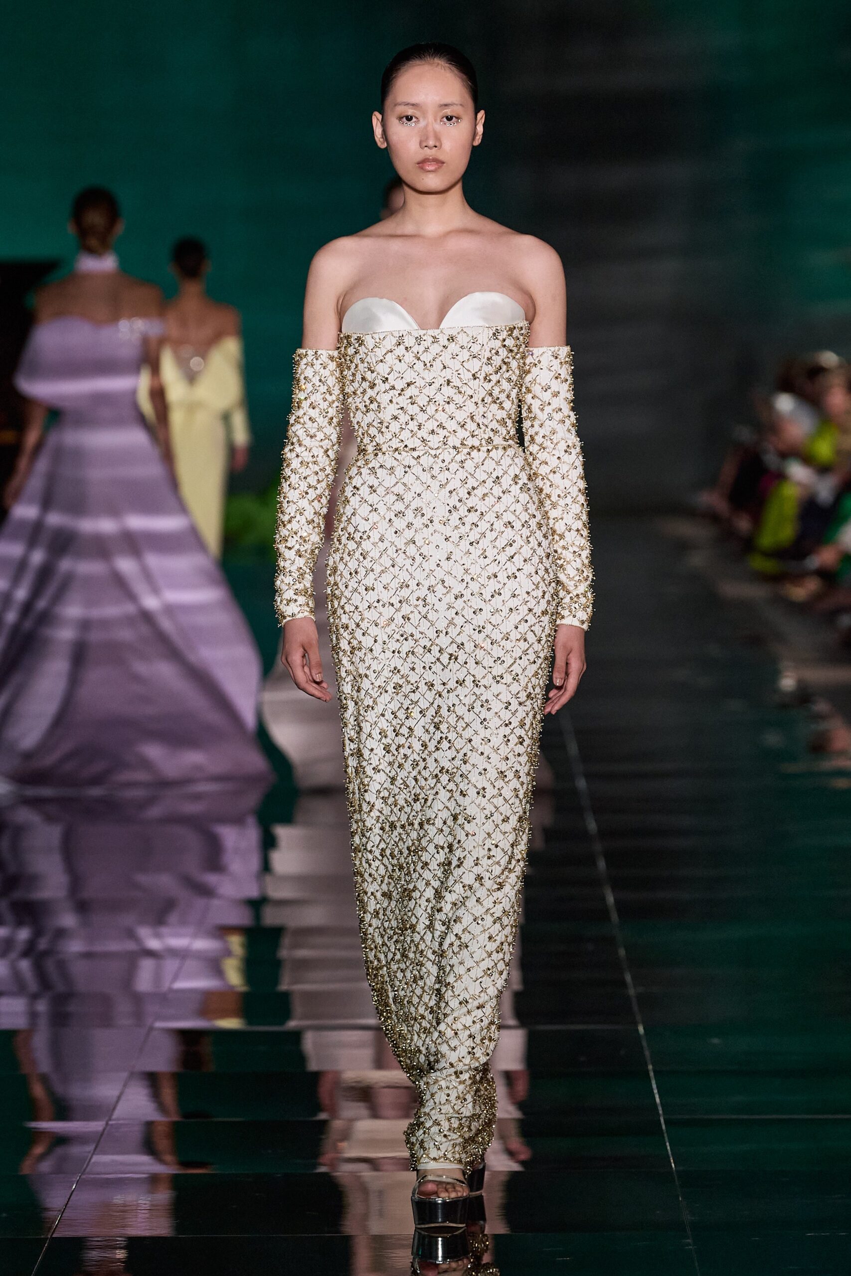 white embellished strapless gown