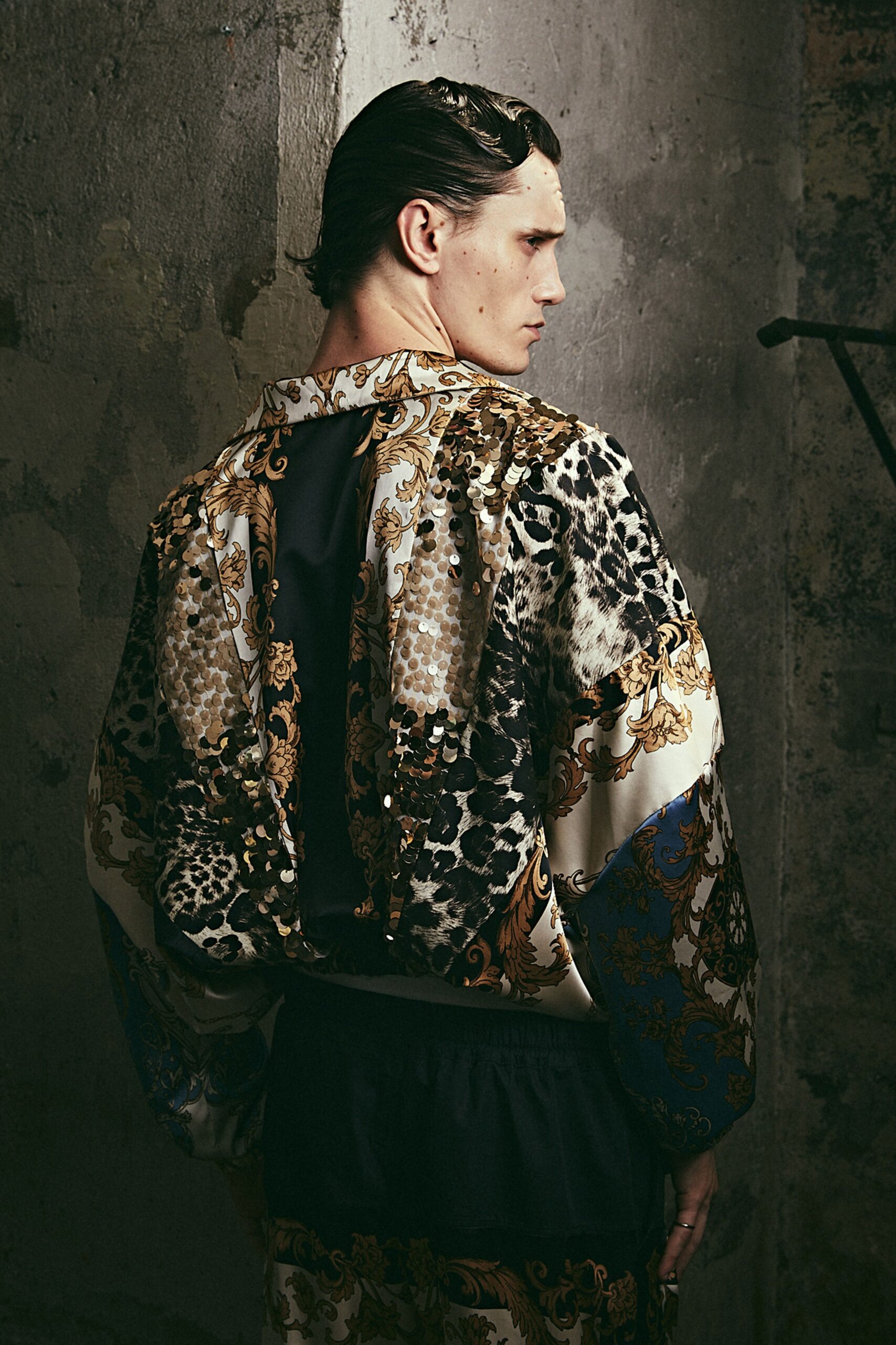 multi-patterned silk shirt with black pants