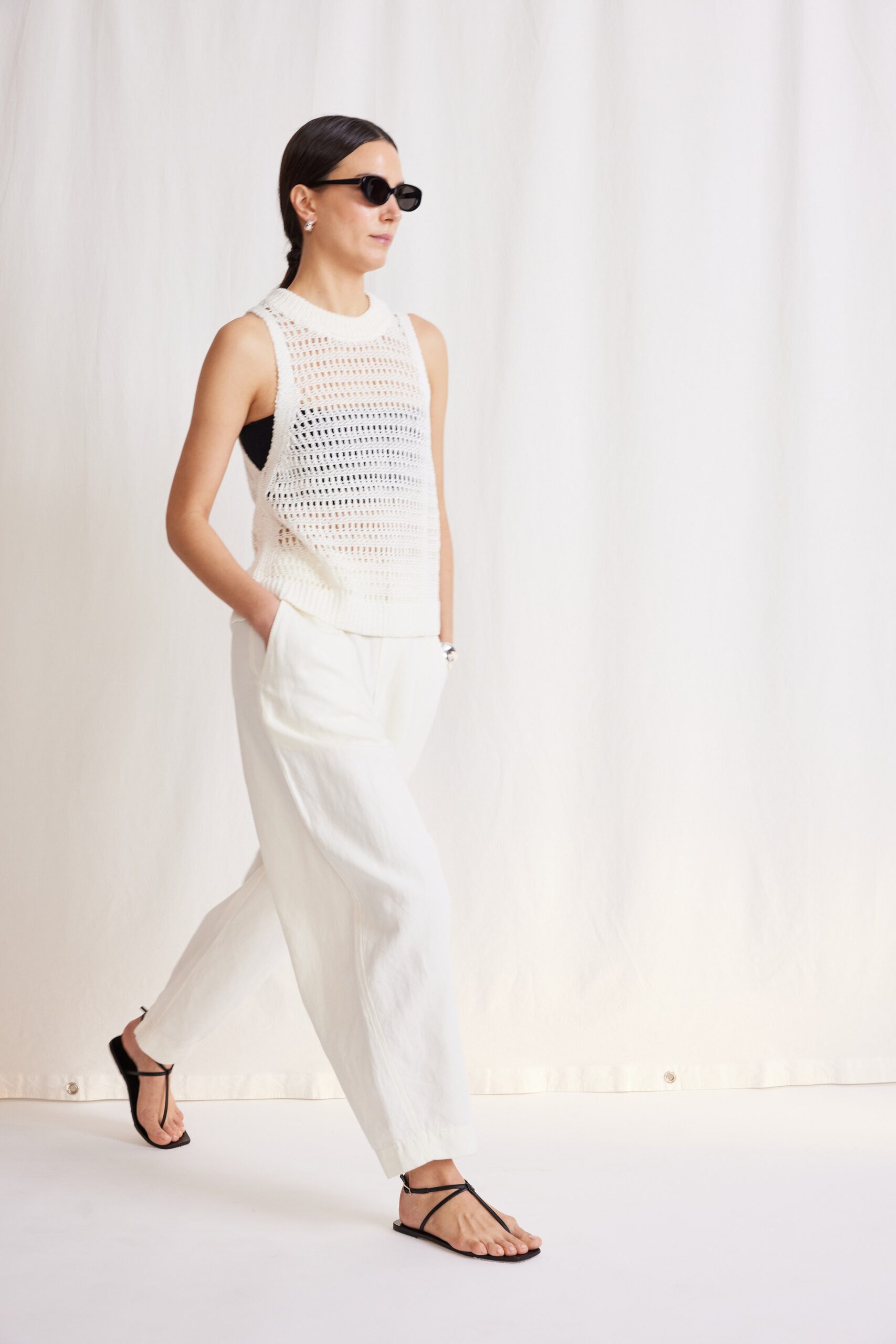 white relaxed crochet top and pants