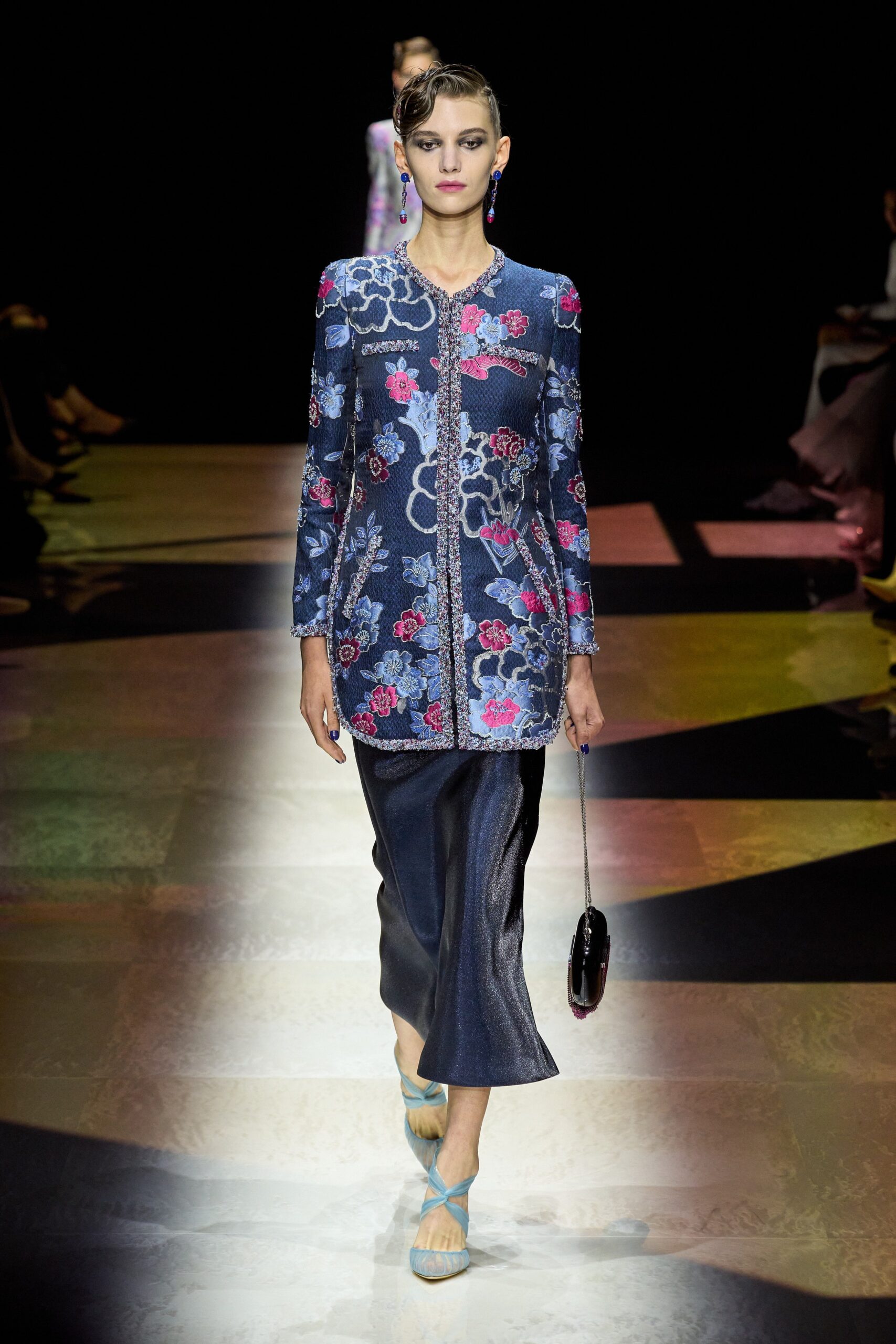 embroidered silk blouse and midi skirt