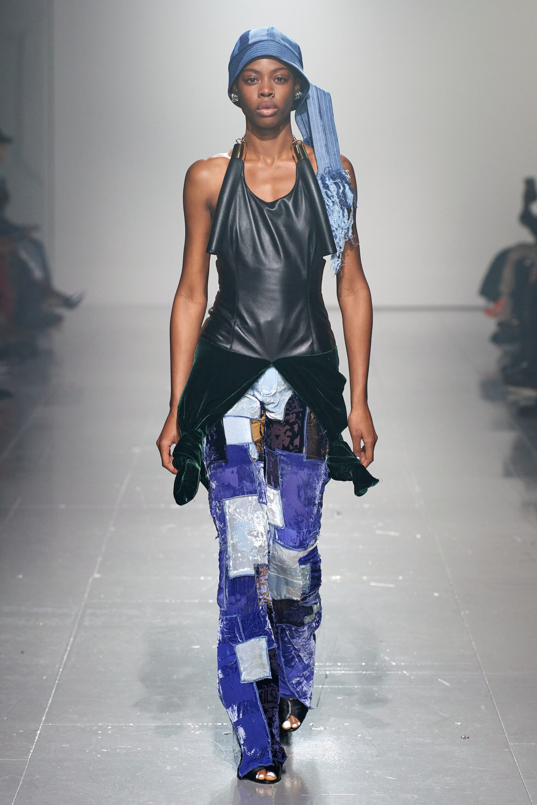 black leather halter top with patchwork pants