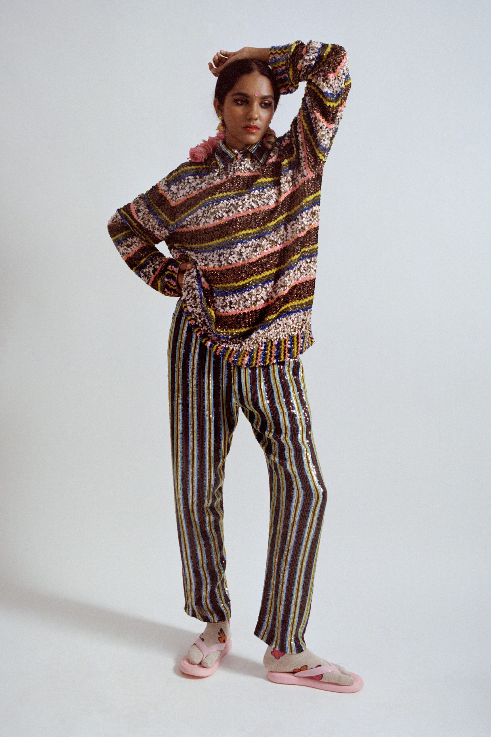 multi knit long-sleeve collared relaxed striped sweater