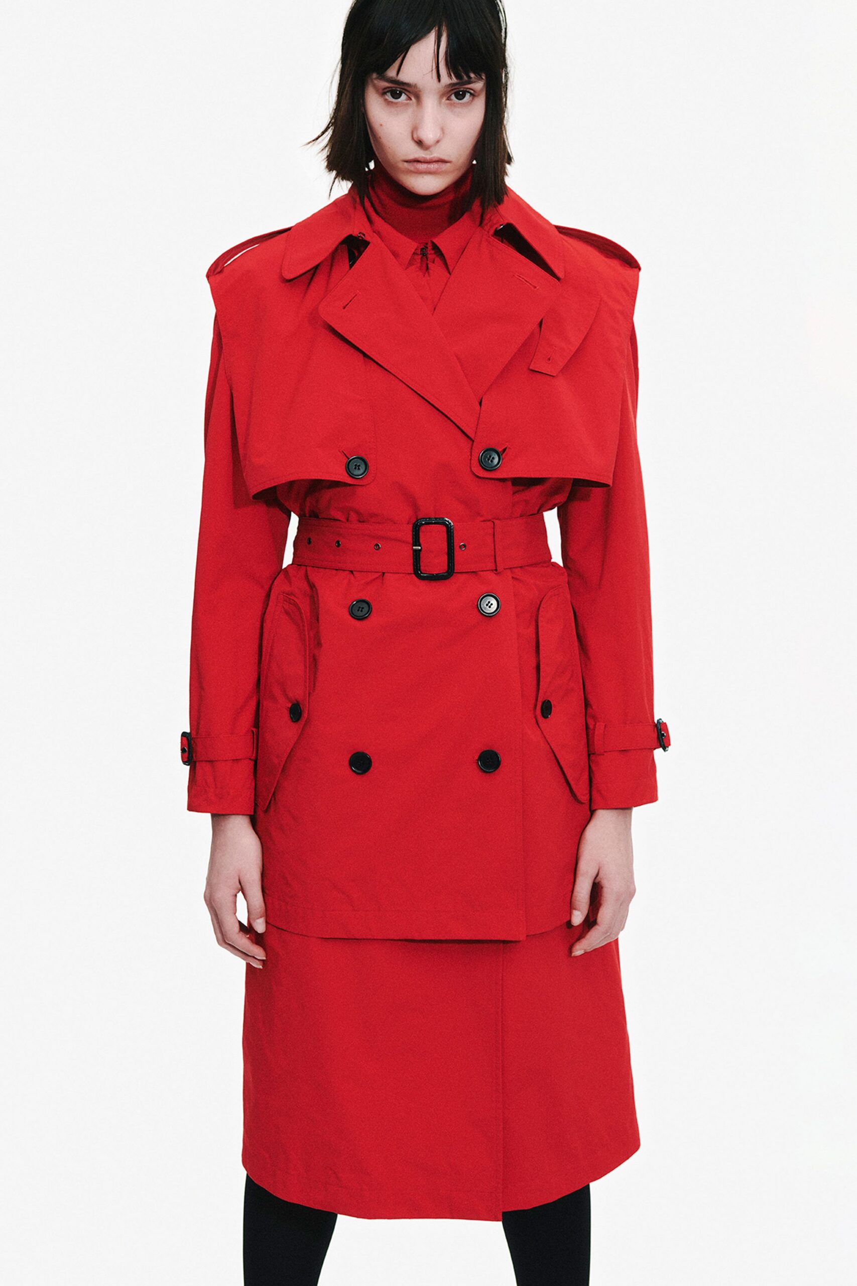 fitted red trench coat