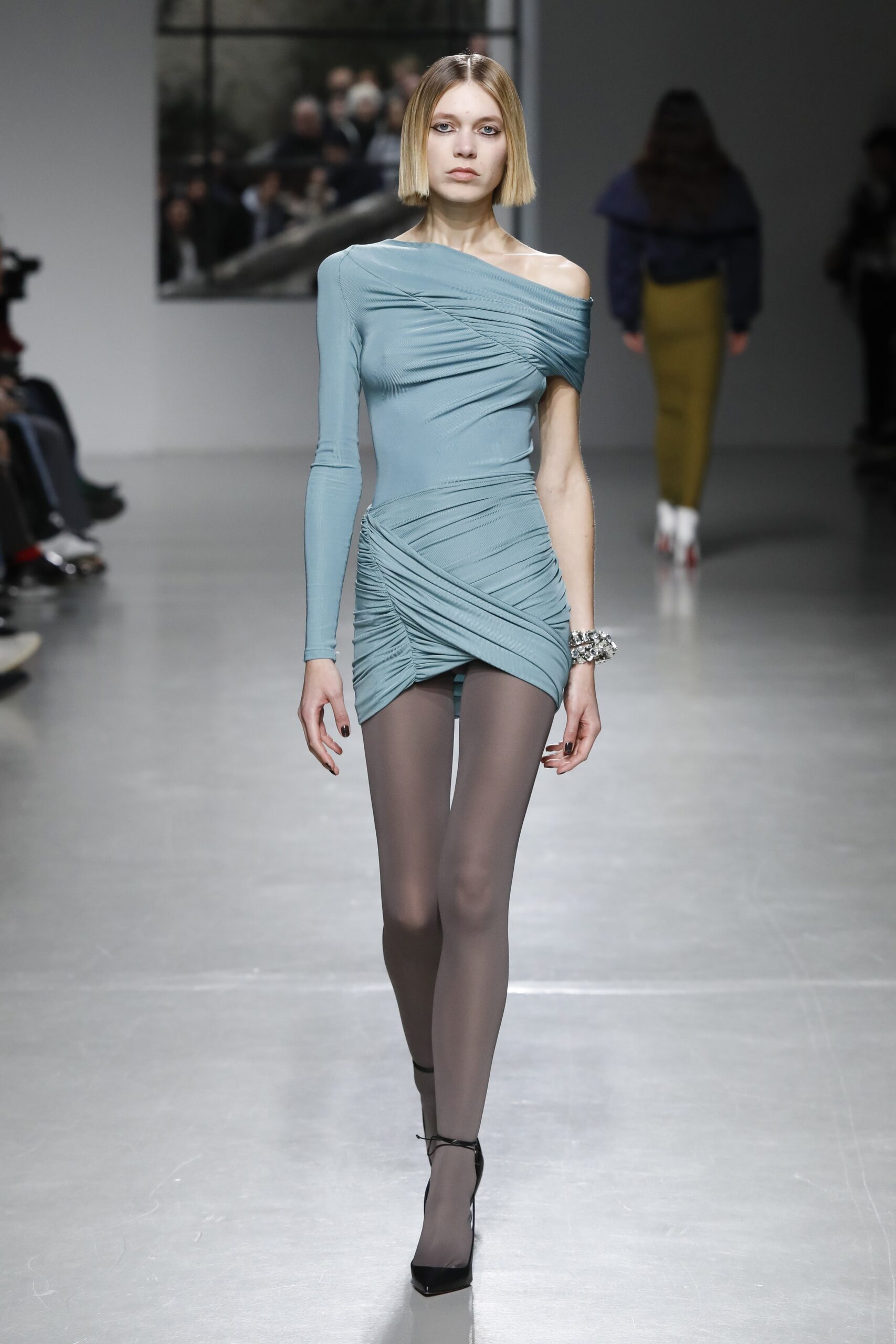 blue off-shoulder mini dress