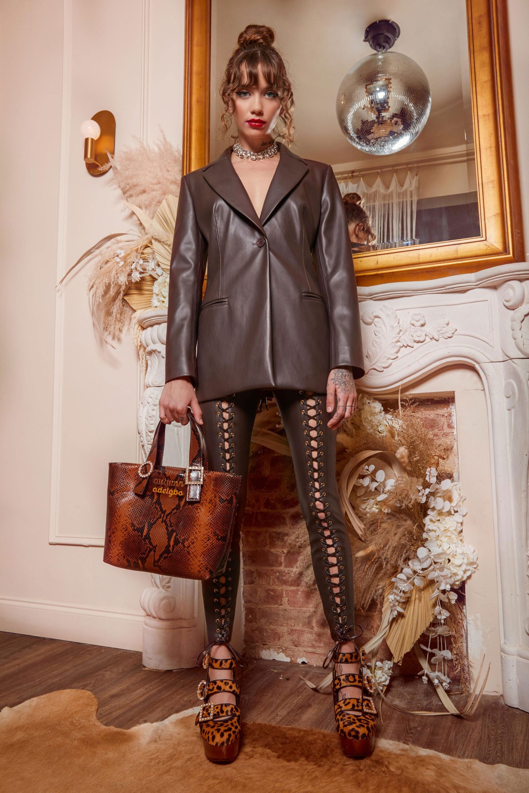 brown leather long-sleeve v-neck tailored buttoned blazer
