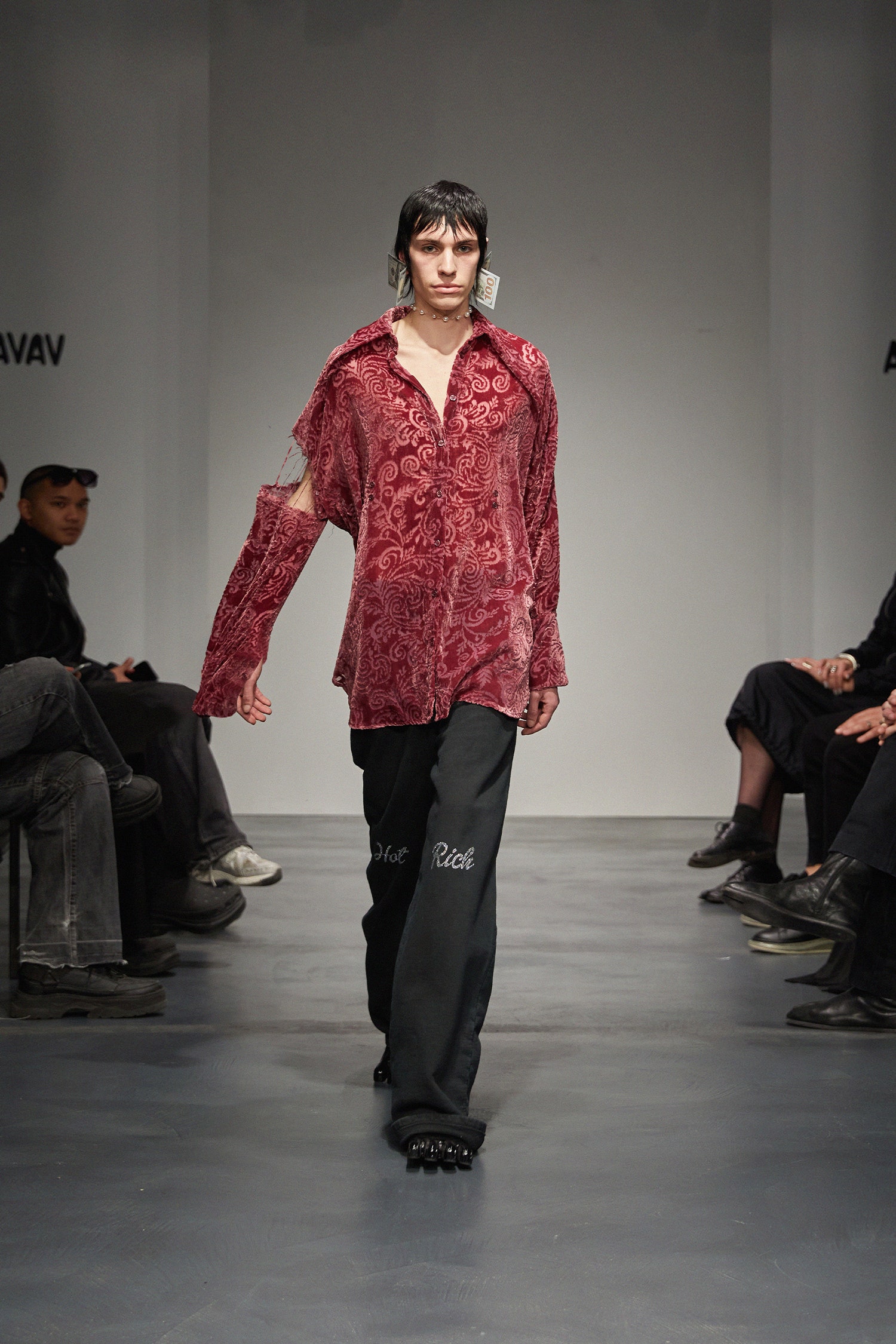 red silk long-sleeve collared relaxed embroidered shirt